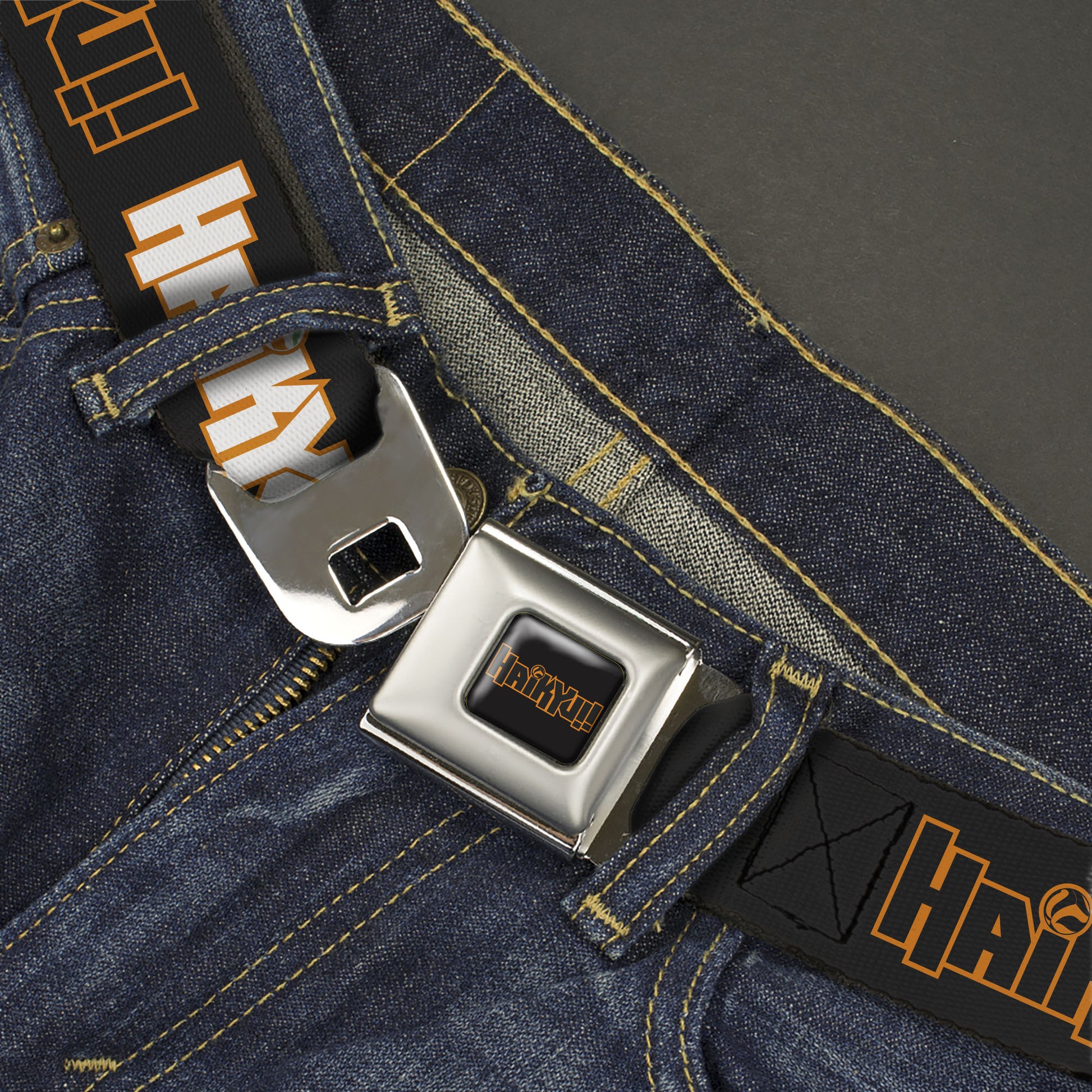 HAIKYU Title Logo Full Color Black/Orange Seatbelt Belt - HAIKYU Title Logos Black/Orange/White Webbing Seatbelt Belts Haikyu!!