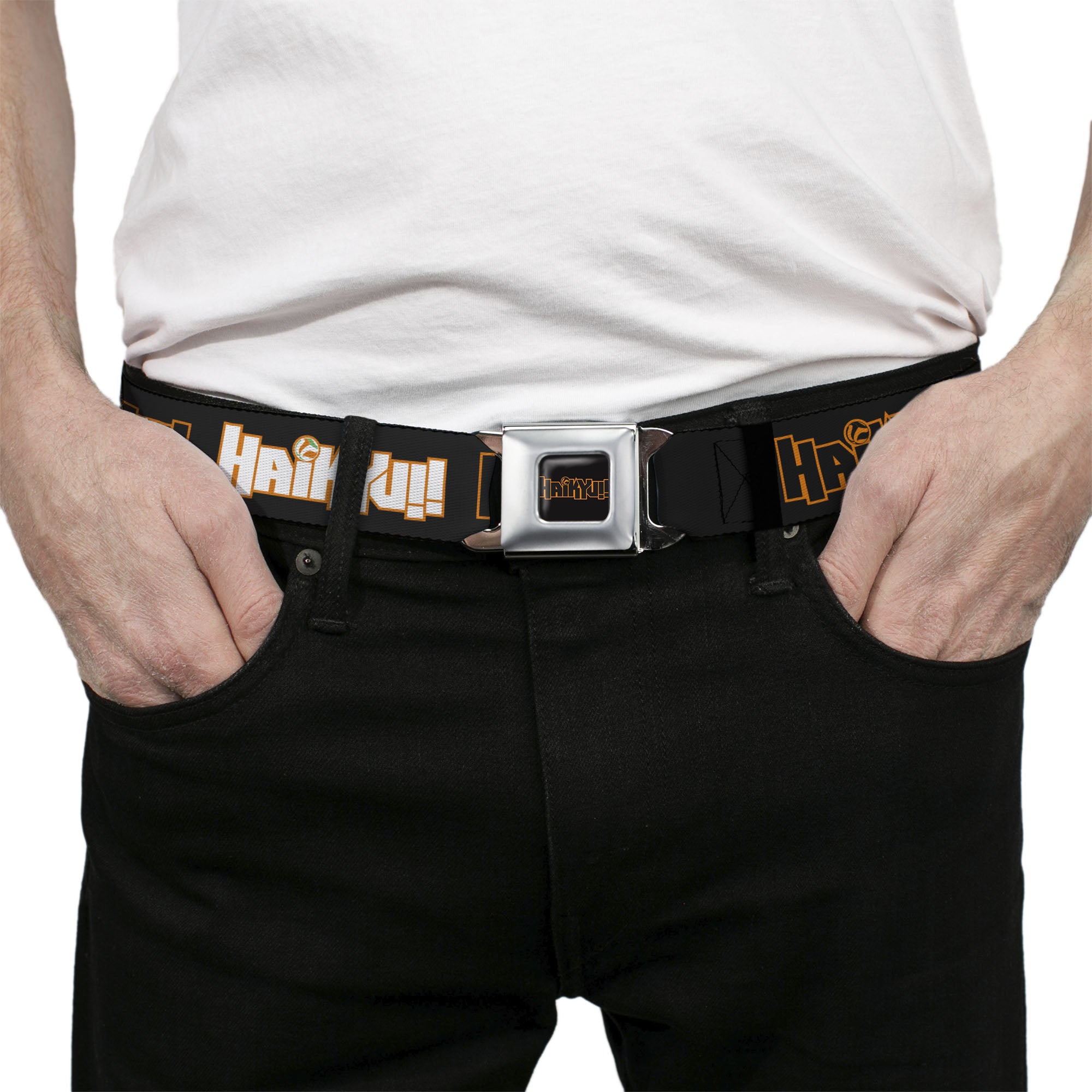 HAIKYU Title Logo Full Color Black/Orange Seatbelt Belt - HAIKYU Title Logos Black/Orange/White Webbing Seatbelt Belts Haikyu!!