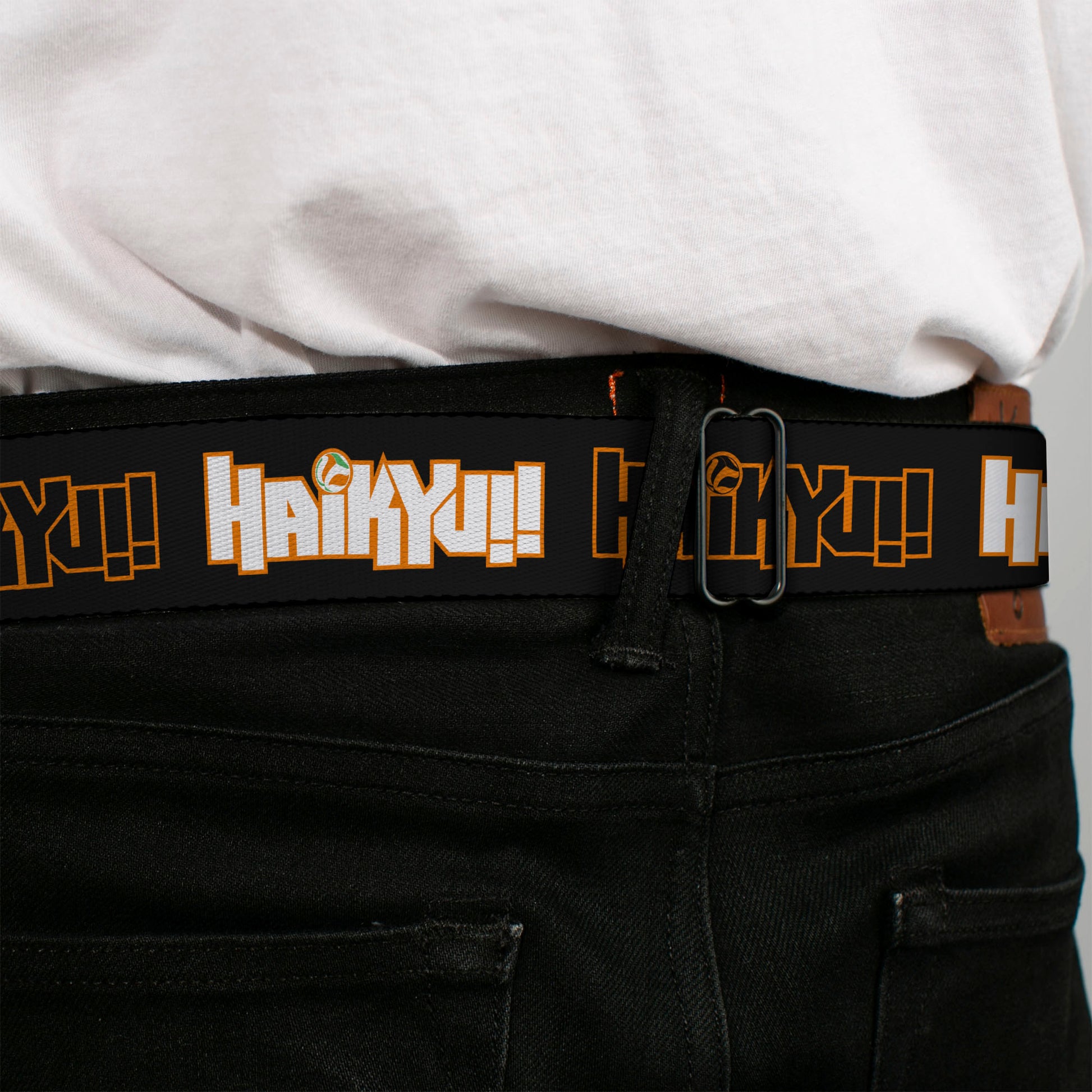 HAIKYU Title Logo Full Color Black/Orange Seatbelt Belt - HAIKYU Title Logos Black/Orange/White Webbing Seatbelt Belts Haikyu!!