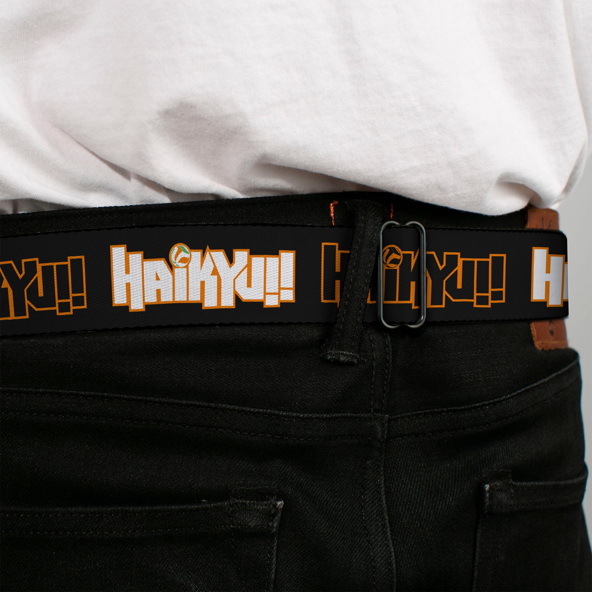 HAIKYU Title Logo Full Color Black/Orange Seatbelt Belt - HAIKYU Title Logos Black/Orange/White Webbing Seatbelt Belts Haikyu!!