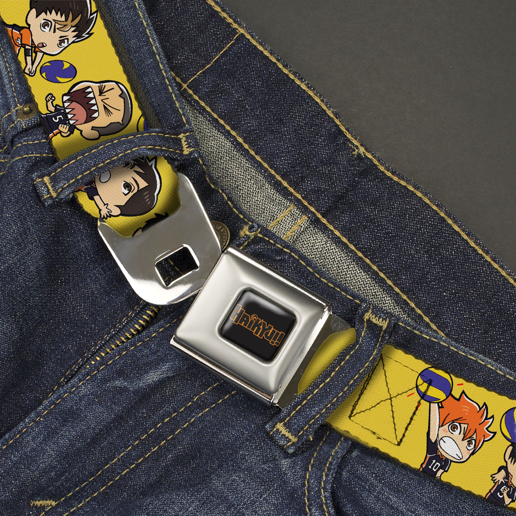 HAIKYU Title Logo Full Color Black/Orange Seatbelt Belt - Haikyu Chibi Volleyball Player Warm Up Pose Yellow Webbing Seatbelt Belts Haikyu!!