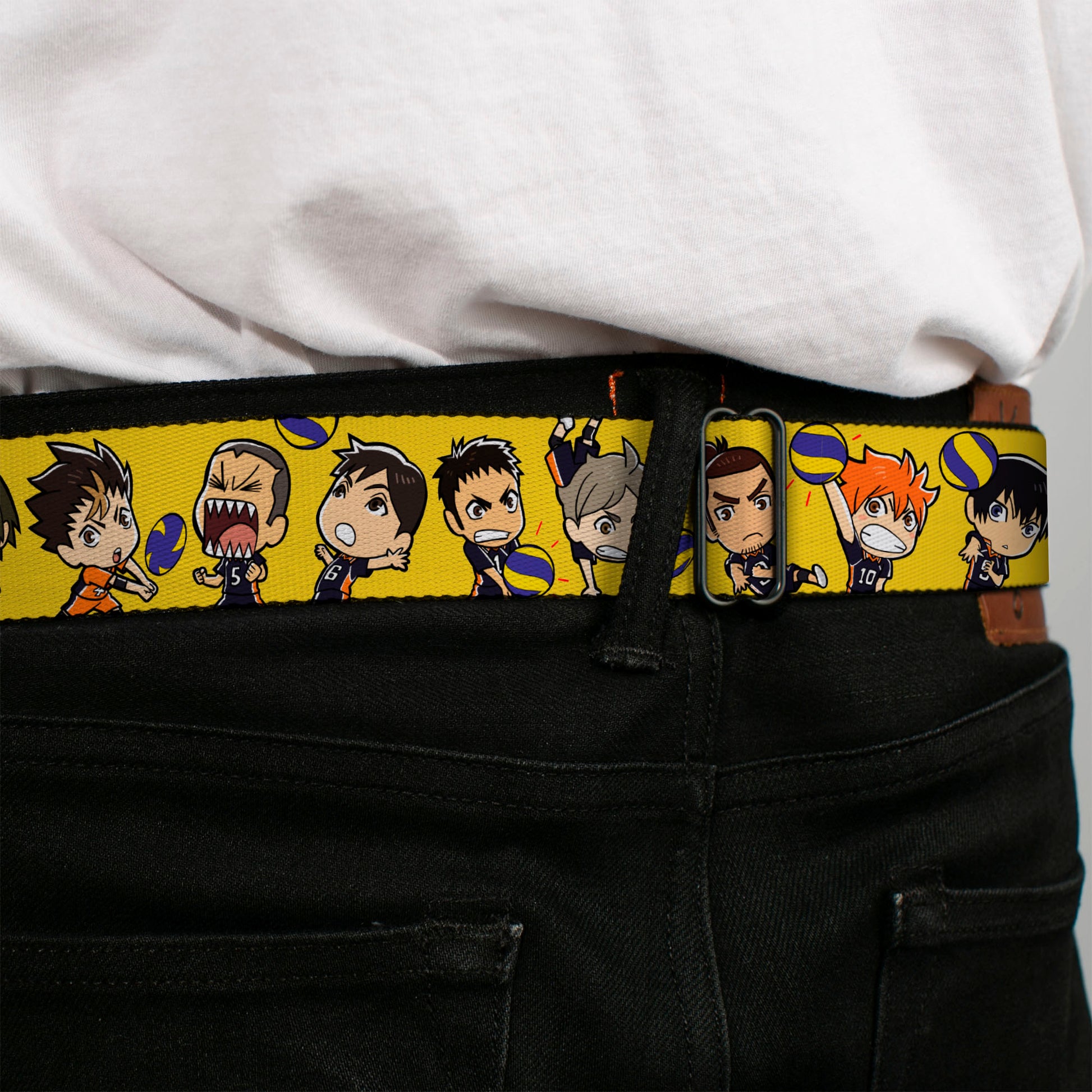 HAIKYU Title Logo Full Color Black/Orange Seatbelt Belt - Haikyu Chibi Volleyball Player Warm Up Pose Yellow Webbing Seatbelt Belts Haikyu!!