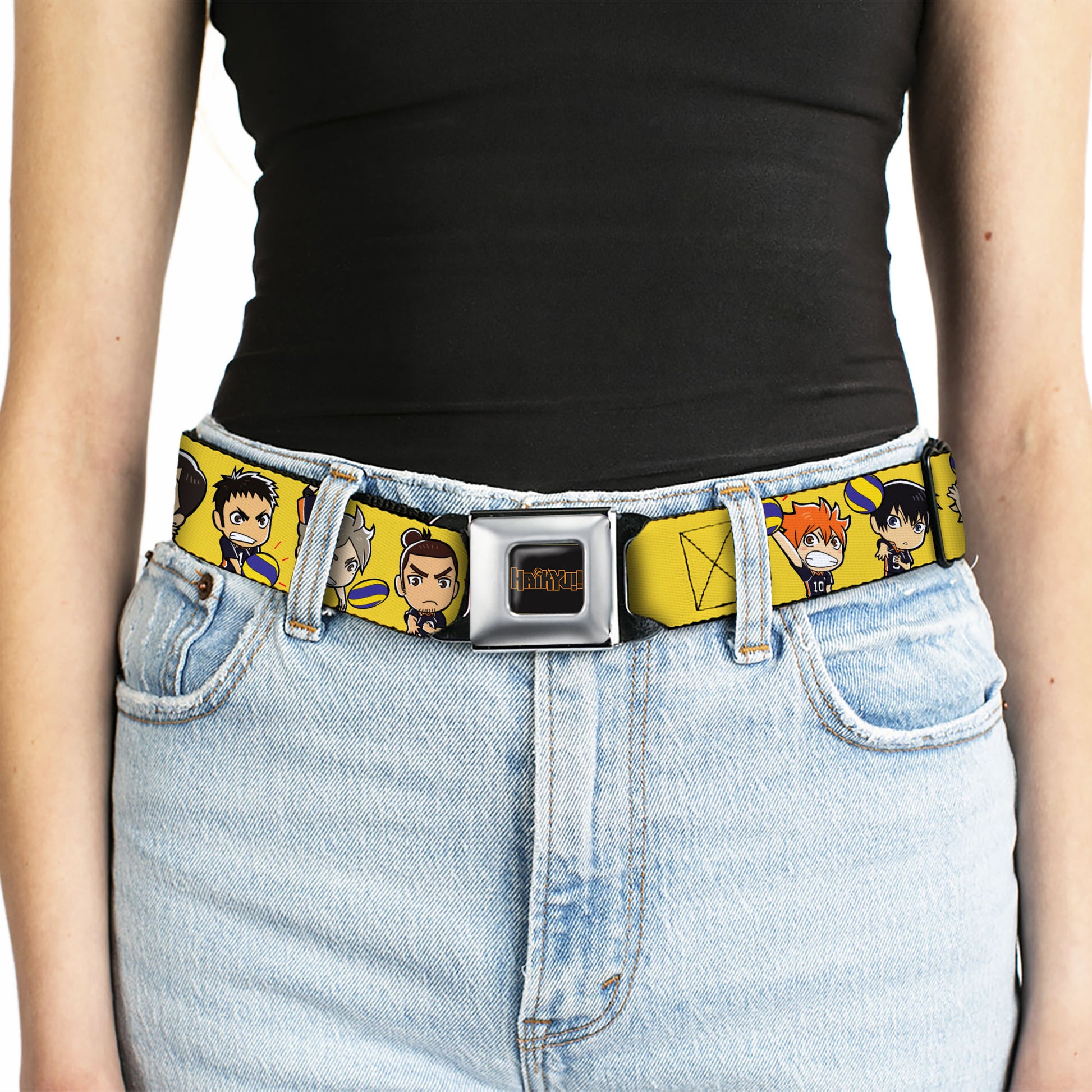 HAIKYU Title Logo Full Color Black/Orange Seatbelt Belt - Haikyu Chibi Volleyball Player Warm Up Pose Yellow Webbing Seatbelt Belts Haikyu!!