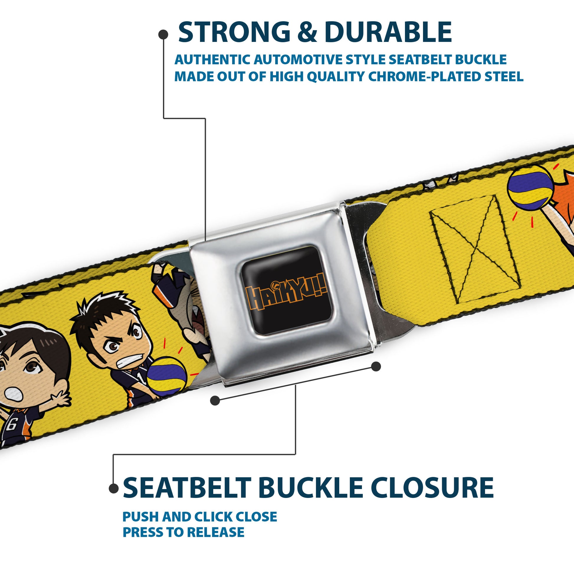 HAIKYU Title Logo Full Color Black/Orange Seatbelt Belt - Haikyu Chibi Volleyball Player Warm Up Pose Yellow Webbing Seatbelt Belts Haikyu!!