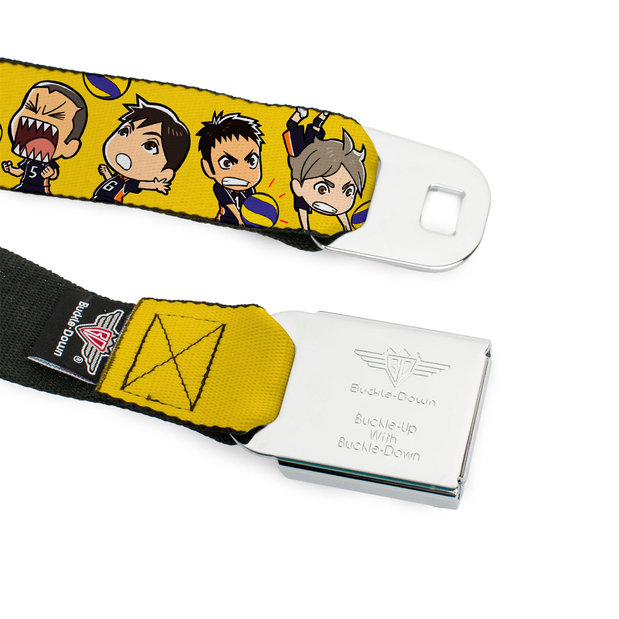 HAIKYU Title Logo Full Color Black/Orange Seatbelt Belt - Haikyu Chibi Volleyball Player Warm Up Pose Yellow Webbing Seatbelt Belts Haikyu!!