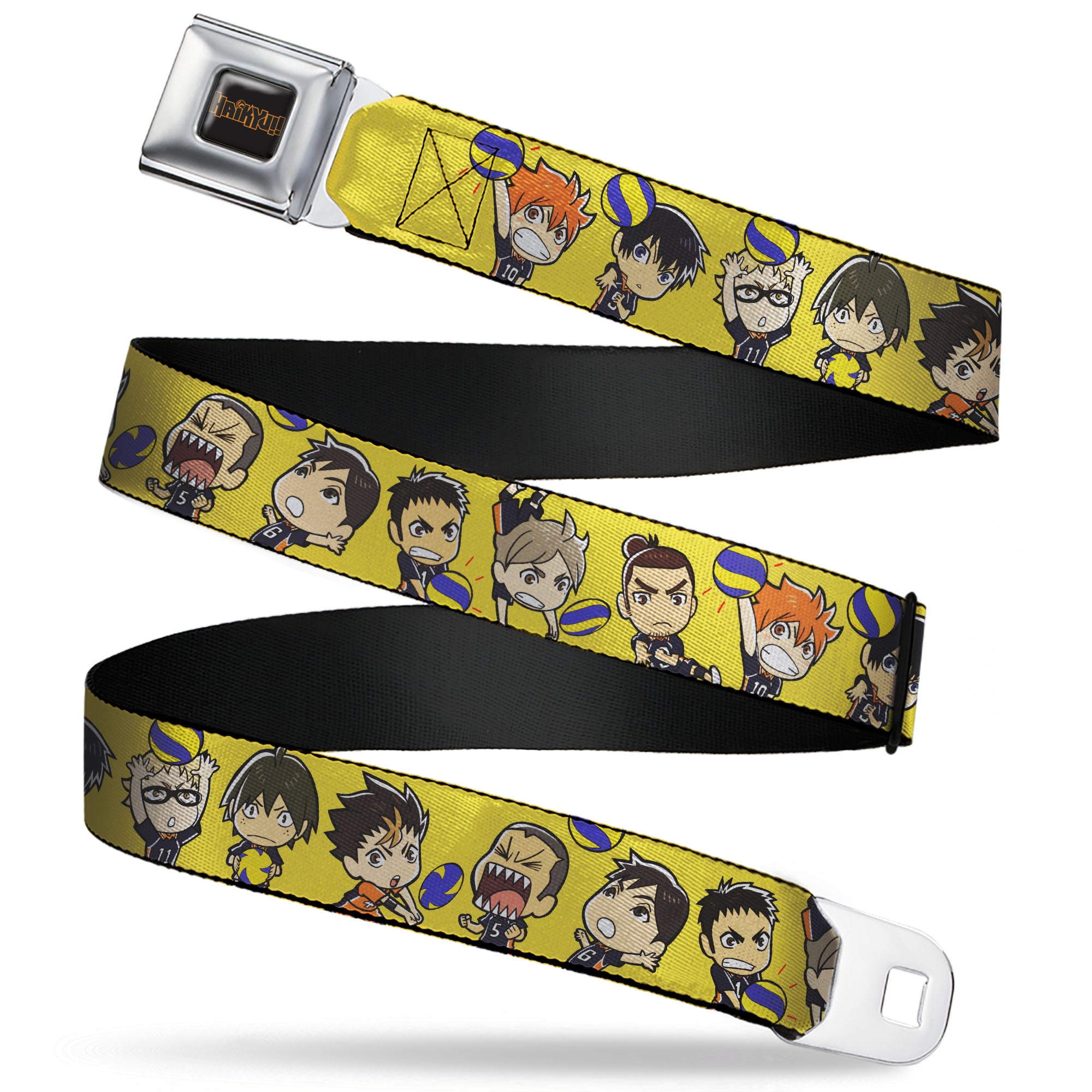 HAIKYU Title Logo Full Color Black/Orange Seatbelt Belt - Haikyu Chibi Volleyball Player Warm Up Pose Yellow Webbing Seatbelt Belts Haikyu!!