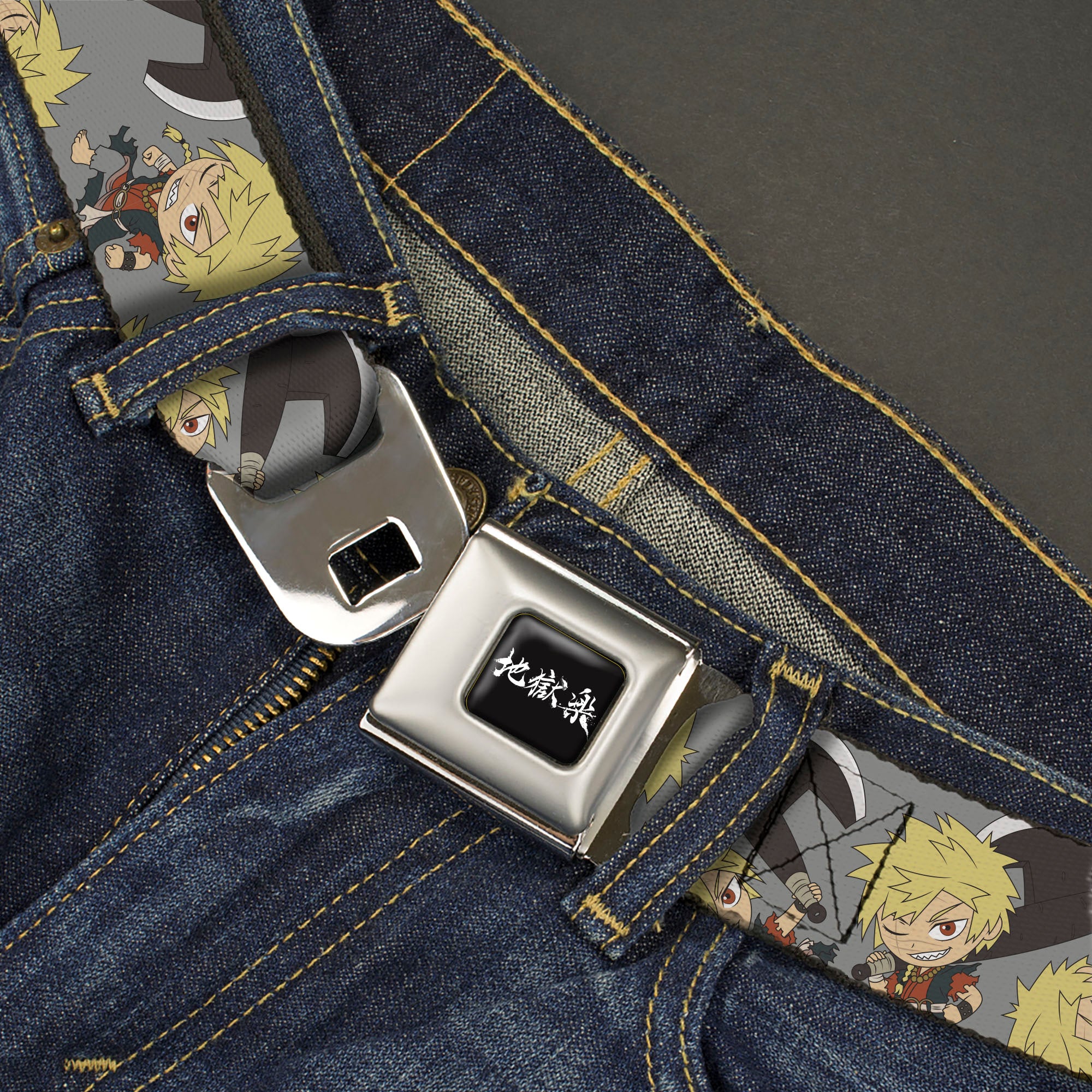 Hell's Paradise Kanji Title Logo Full Color Black/White Seatbelt Belt - Hell's Paradise Chibi Aza Chobei Axe Poses Scattered Gray Webbing Seatbelt Belts Hell's Paradise