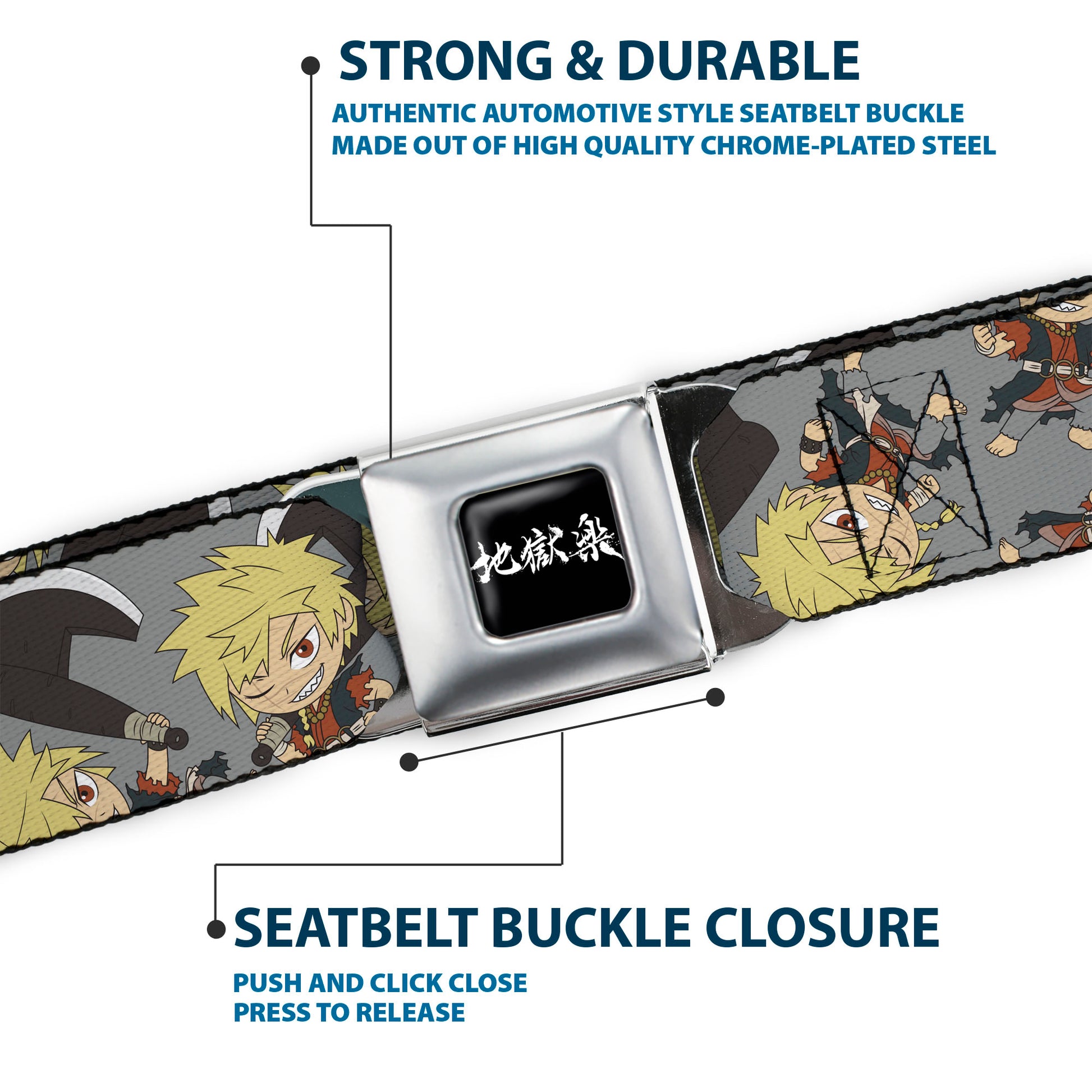 Hell's Paradise Kanji Title Logo Full Color Black/White Seatbelt Belt - Hell's Paradise Chibi Aza Chobei Axe Poses Scattered Gray Webbing Seatbelt Belts Hell's Paradise