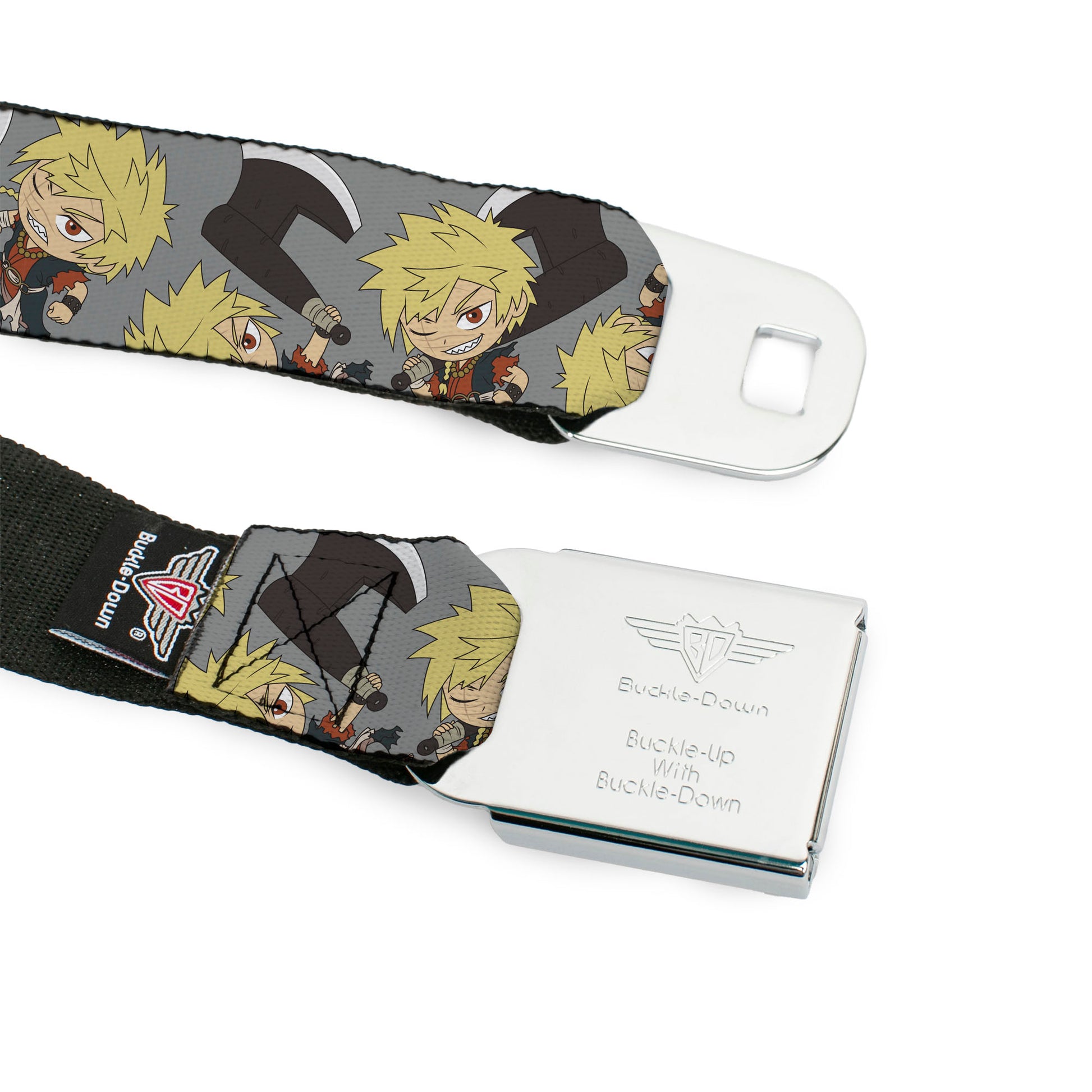 Hell's Paradise Kanji Title Logo Full Color Black/White Seatbelt Belt - Hell's Paradise Chibi Aza Chobei Axe Poses Scattered Gray Webbing Seatbelt Belts Hell's Paradise