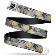 Hell's Paradise Kanji Title Logo Full Color Black/White Seatbelt Belt - Hell's Paradise Chibi Aza Chobei Axe Poses Scattered Gray Webbing Seatbelt Belts Hell's Paradise
