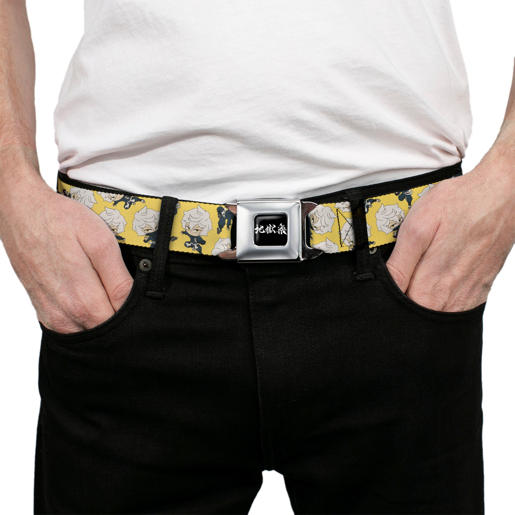 Hell's Paradise Kanji Title Logo Full Color Black/White Seatbelt Belt - Hell's Paradise Chibi Gabimaru Poses Scattered Yellow Webbing Seatbelt Belts Hell's Paradise