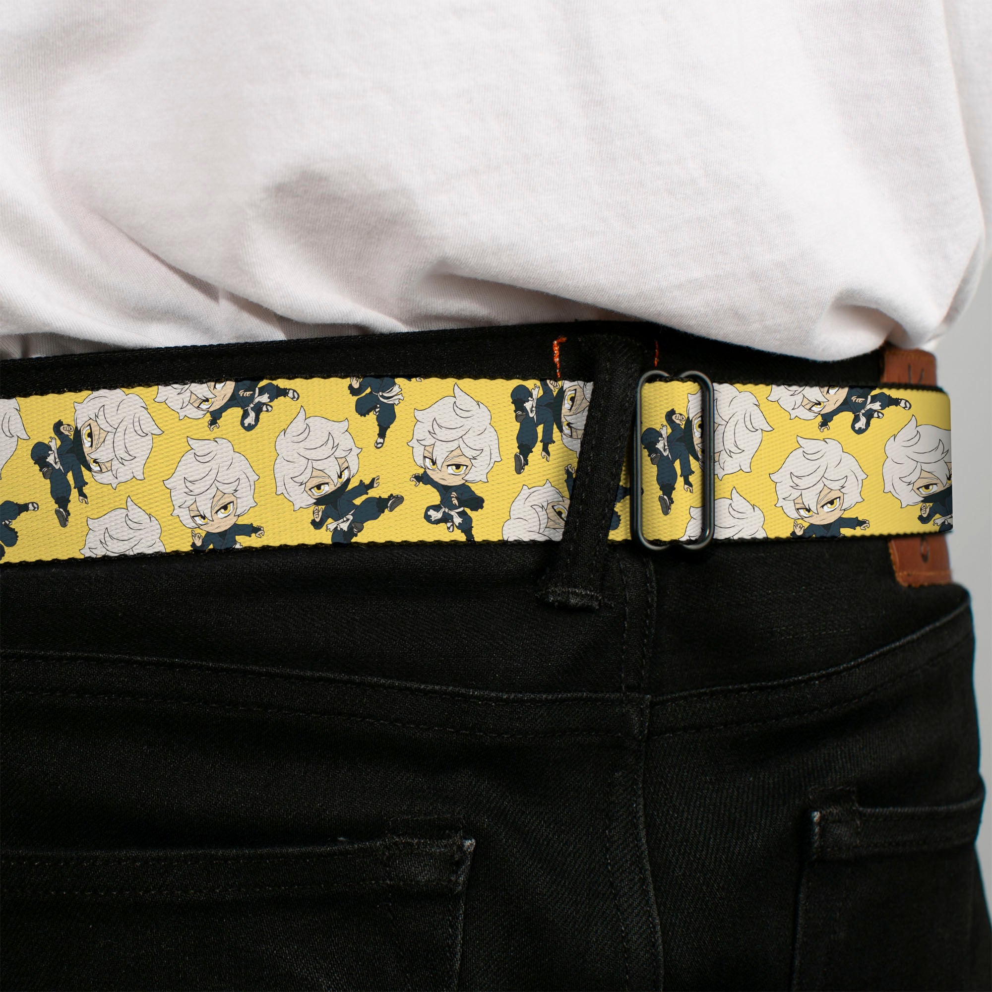 Hell's Paradise Kanji Title Logo Full Color Black/White Seatbelt Belt - Hell's Paradise Chibi Gabimaru Poses Scattered Yellow Webbing Seatbelt Belts Hell's Paradise