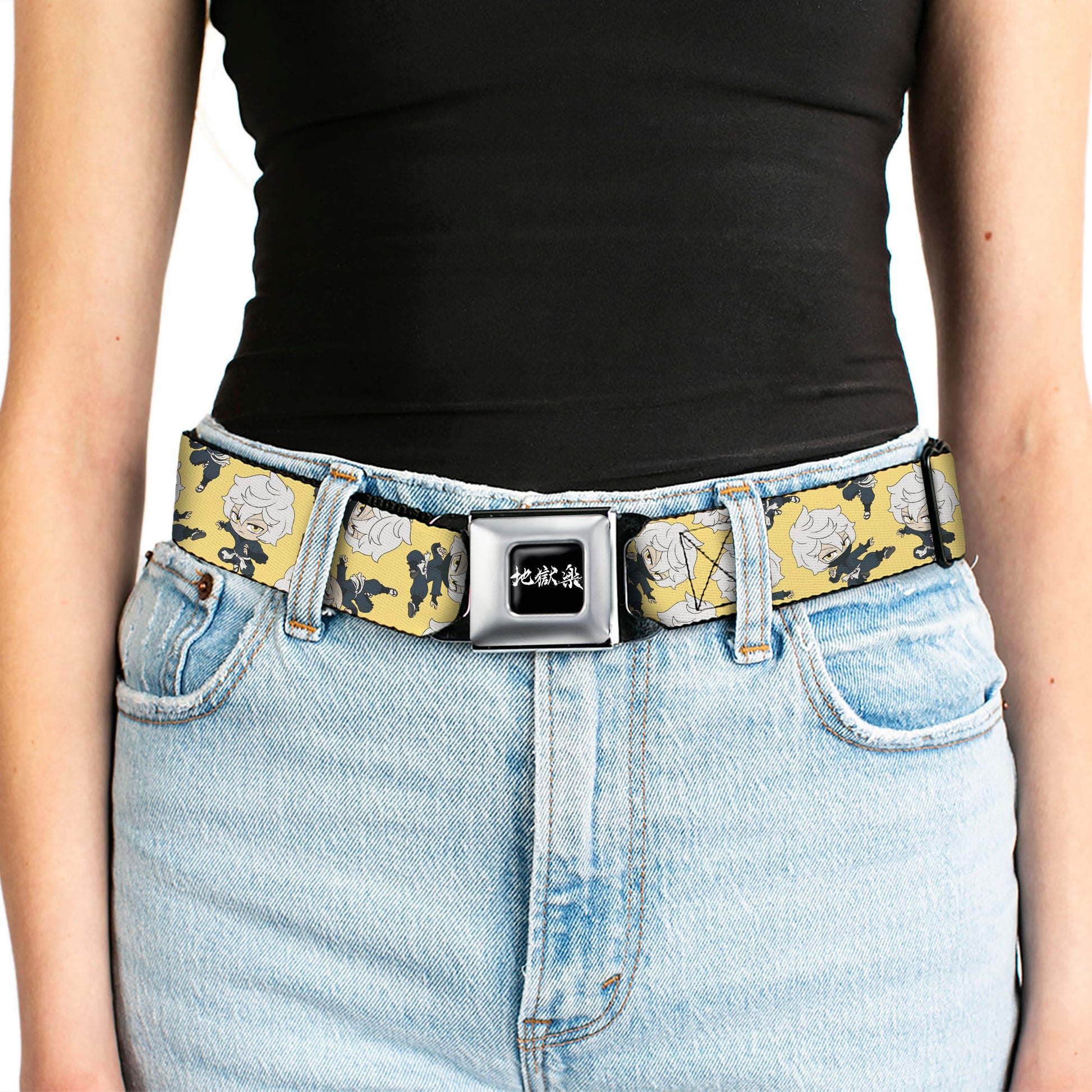 Hell's Paradise Kanji Title Logo Full Color Black/White Seatbelt Belt - Hell's Paradise Chibi Gabimaru Poses Scattered Yellow Webbing Seatbelt Belts Hell's Paradise