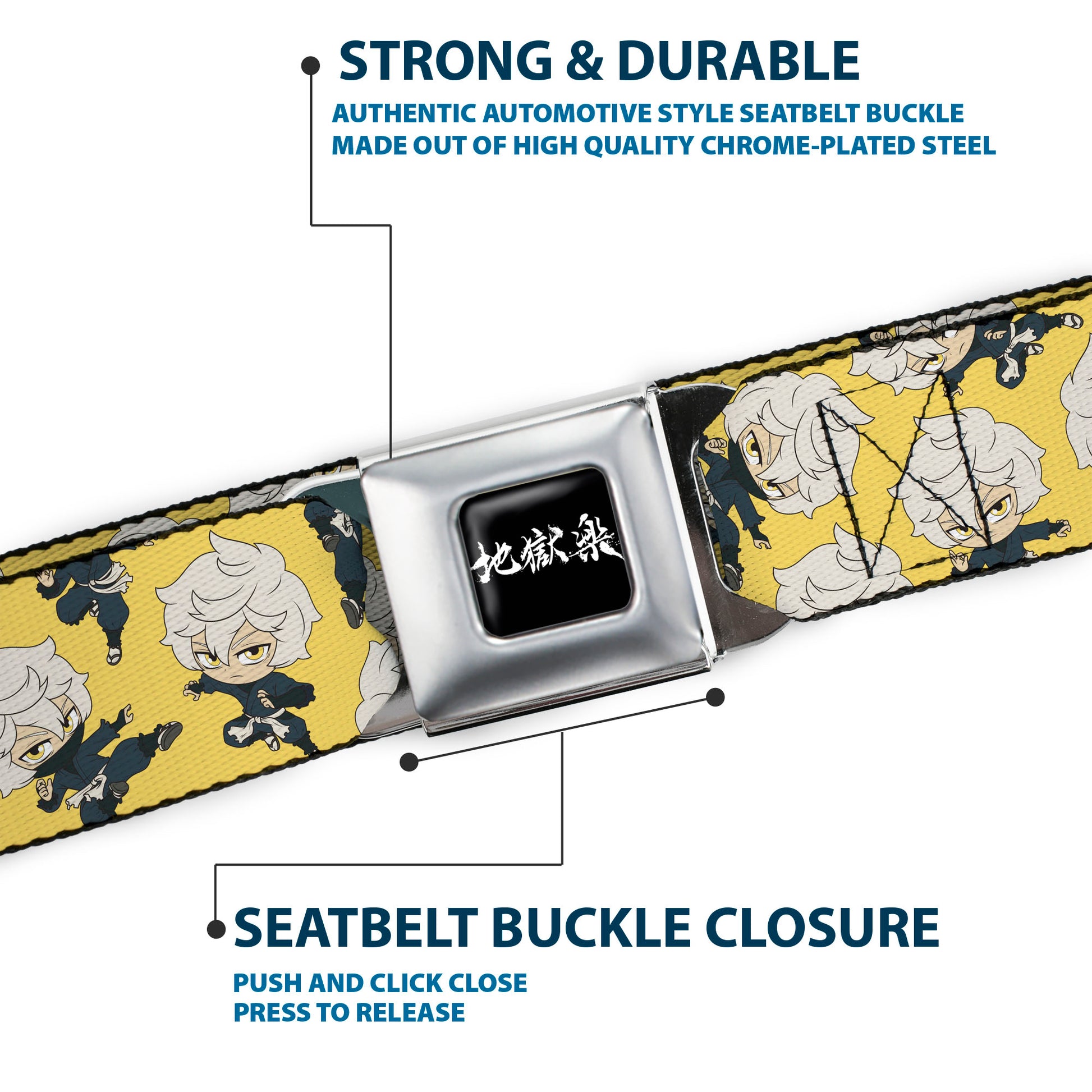 Hell's Paradise Kanji Title Logo Full Color Black/White Seatbelt Belt - Hell's Paradise Chibi Gabimaru Poses Scattered Yellow Webbing Seatbelt Belts Hell's Paradise