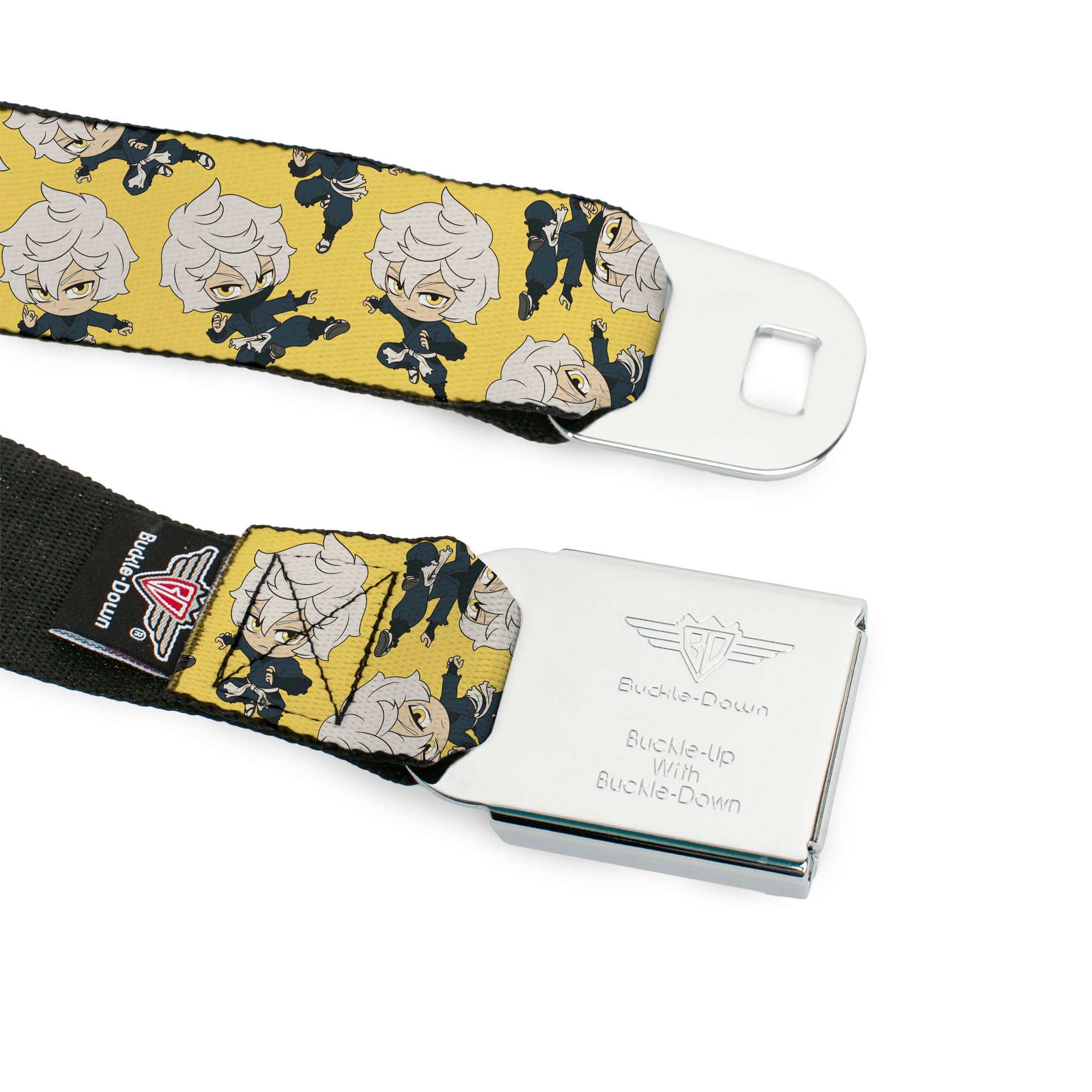 Hell's Paradise Kanji Title Logo Full Color Black/White Seatbelt Belt - Hell's Paradise Chibi Gabimaru Poses Scattered Yellow Webbing Seatbelt Belts Hell's Paradise