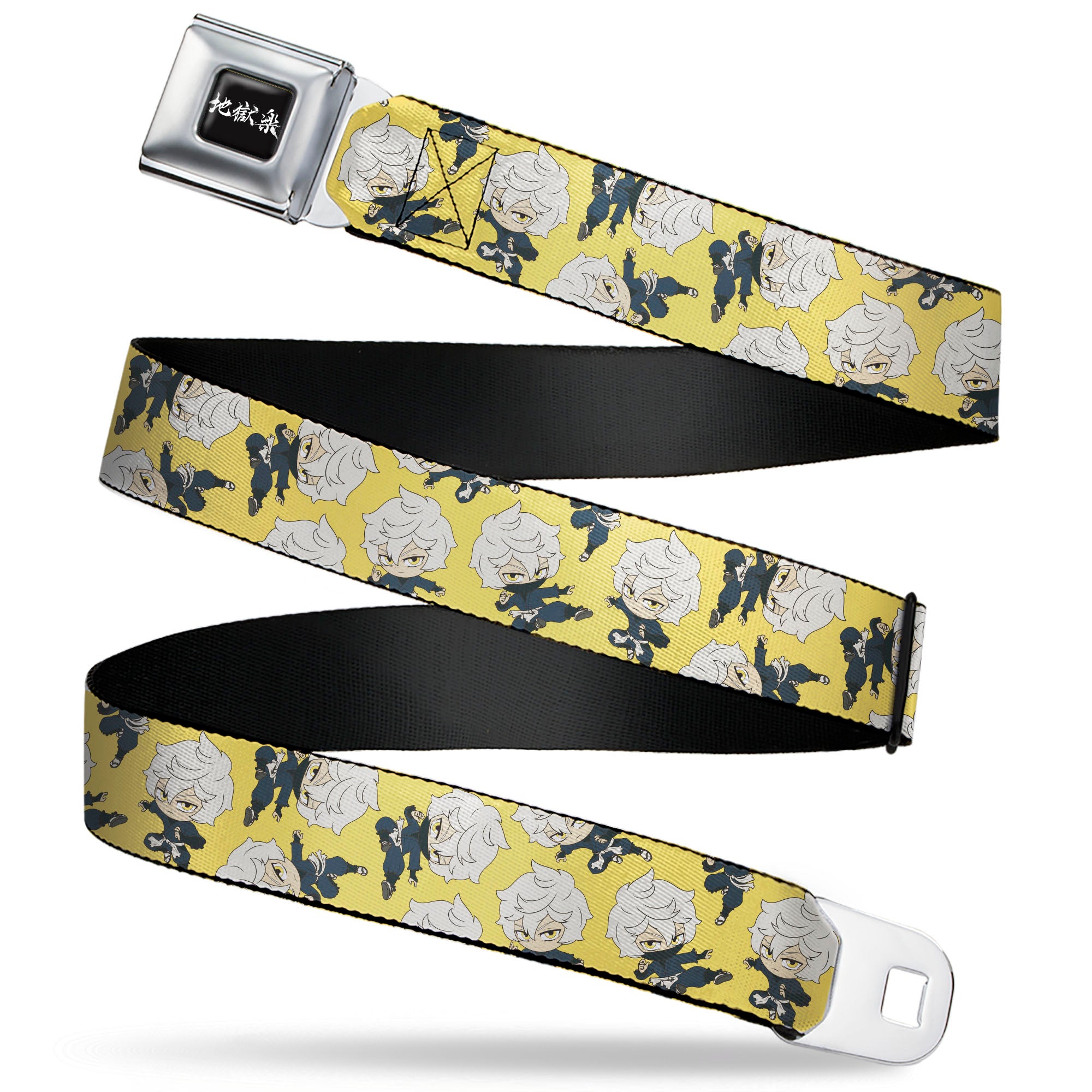Hell's Paradise Kanji Title Logo Full Color Black/White Seatbelt Belt - Hell's Paradise Chibi Gabimaru Poses Scattered Yellow Webbing Seatbelt Belts Hell's Paradise