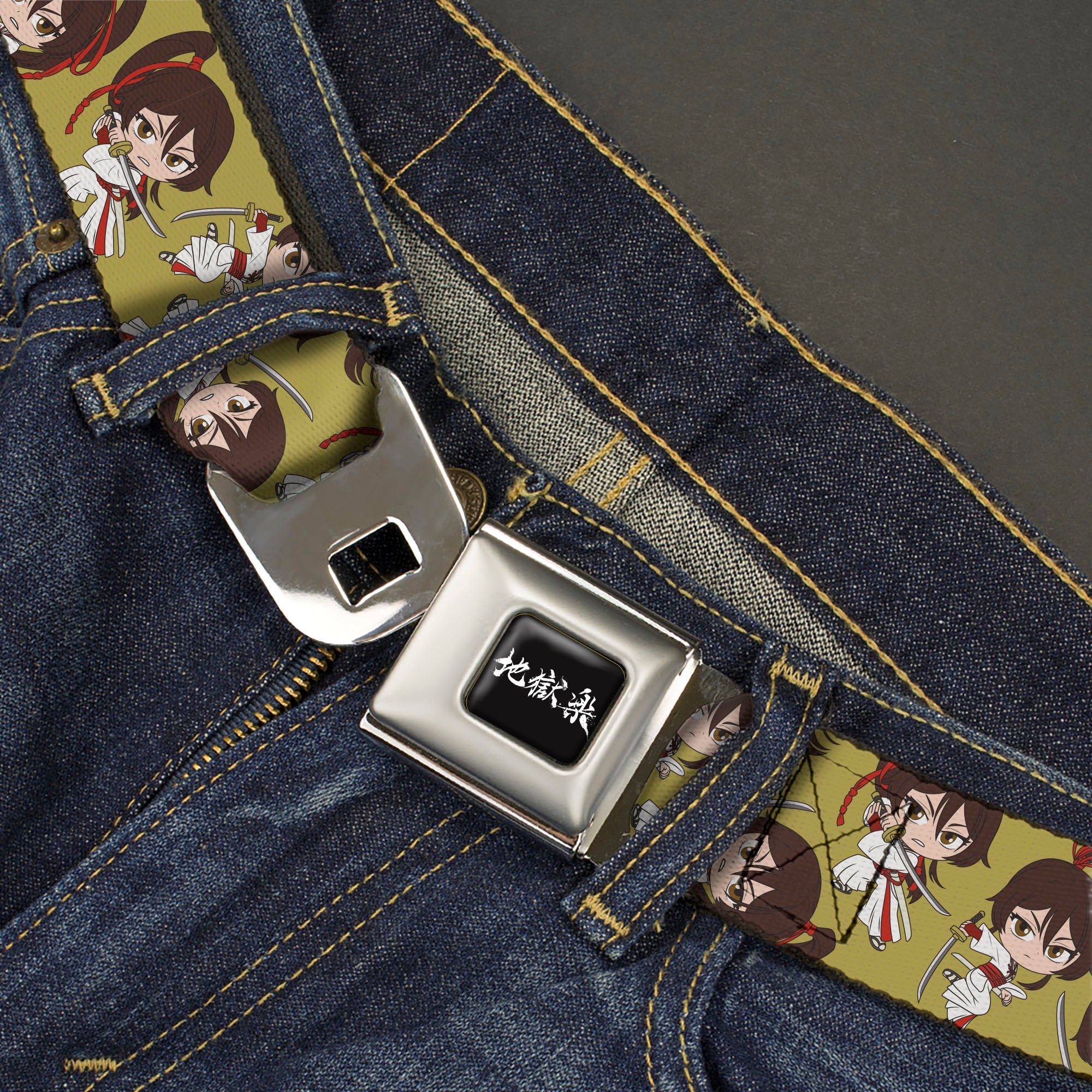 Hell's Paradise Kanji Title Logo Full Color Black/White Seatbelt Belt - Hell's Paradise Chibi Sagiri Sword Poses Scattered Golden Yellow Webbing Seatbelt Belts Hell's Paradise