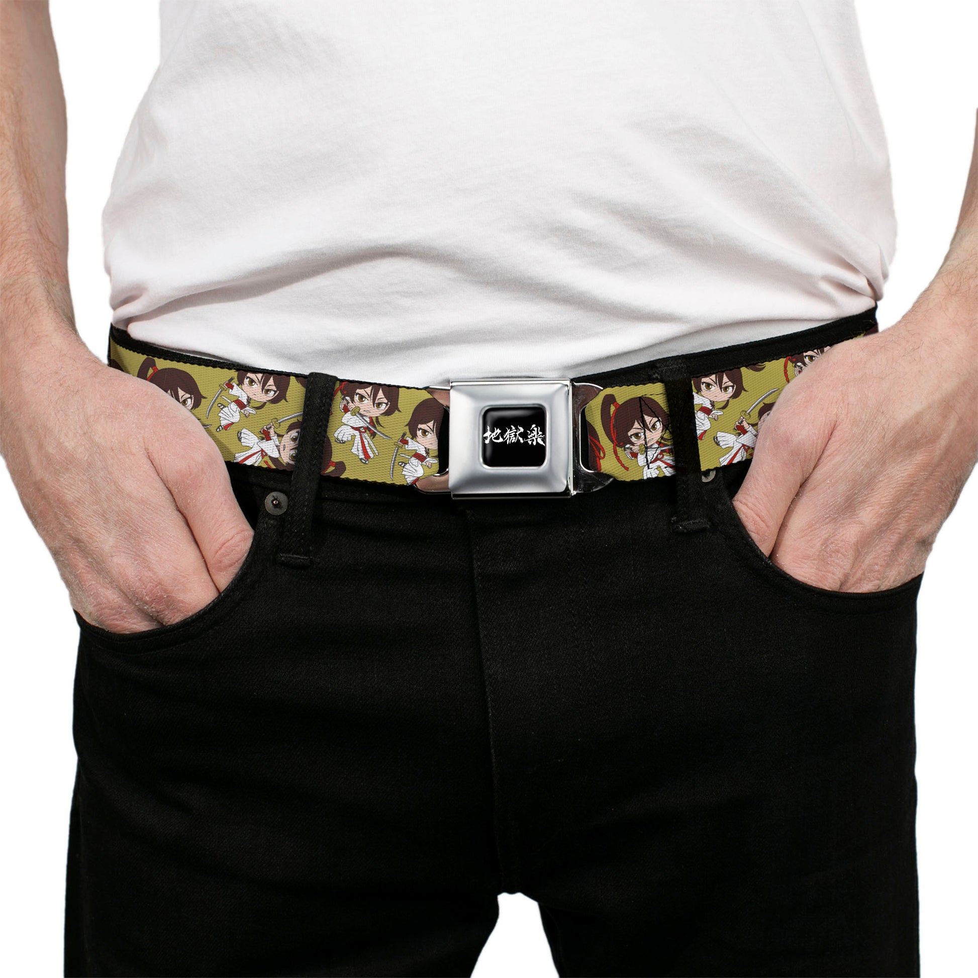 Hell's Paradise Kanji Title Logo Full Color Black/White Seatbelt Belt - Hell's Paradise Chibi Sagiri Sword Poses Scattered Golden Yellow Webbing Seatbelt Belts Hell's Paradise