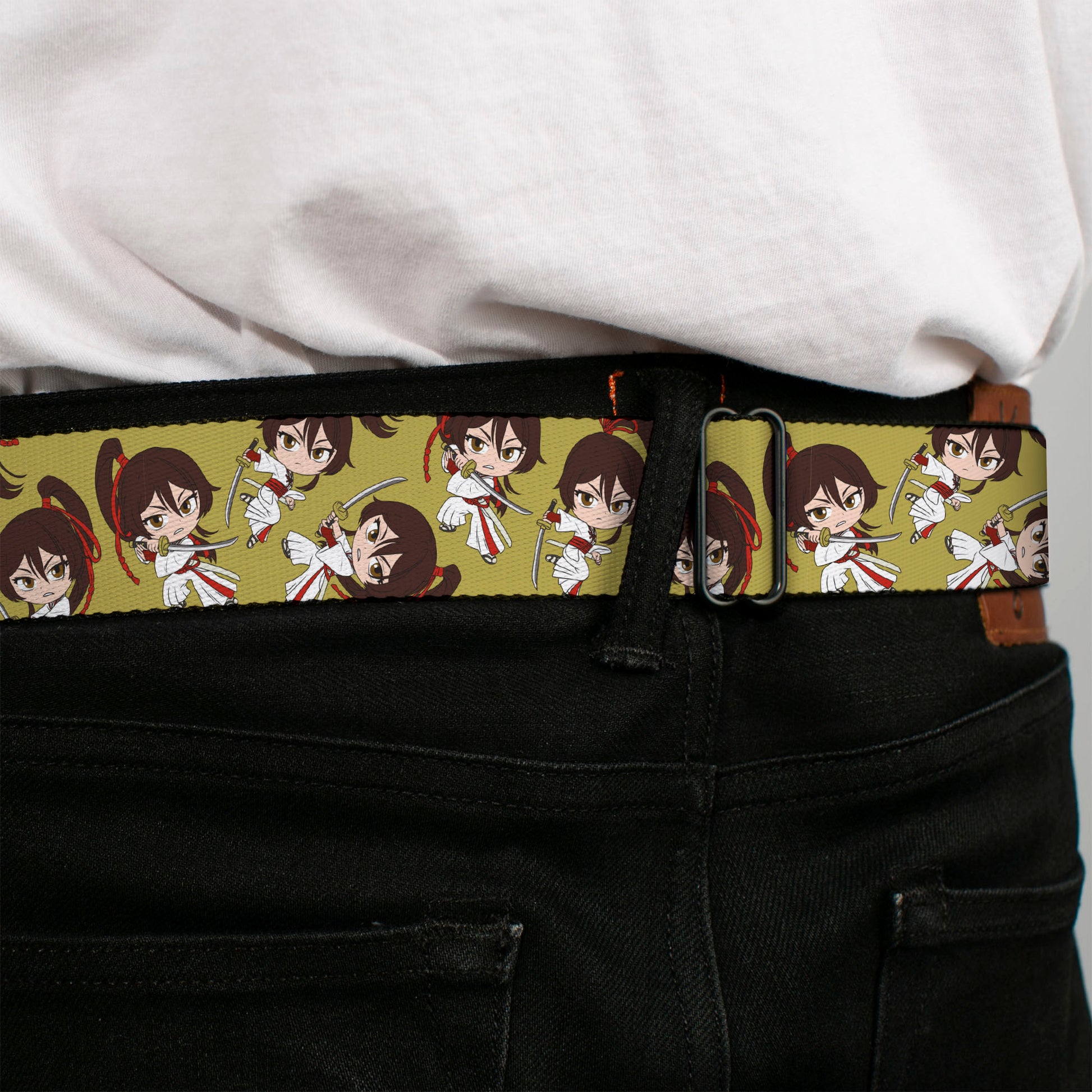 Hell's Paradise Kanji Title Logo Full Color Black/White Seatbelt Belt - Hell's Paradise Chibi Sagiri Sword Poses Scattered Golden Yellow Webbing Seatbelt Belts Hell's Paradise