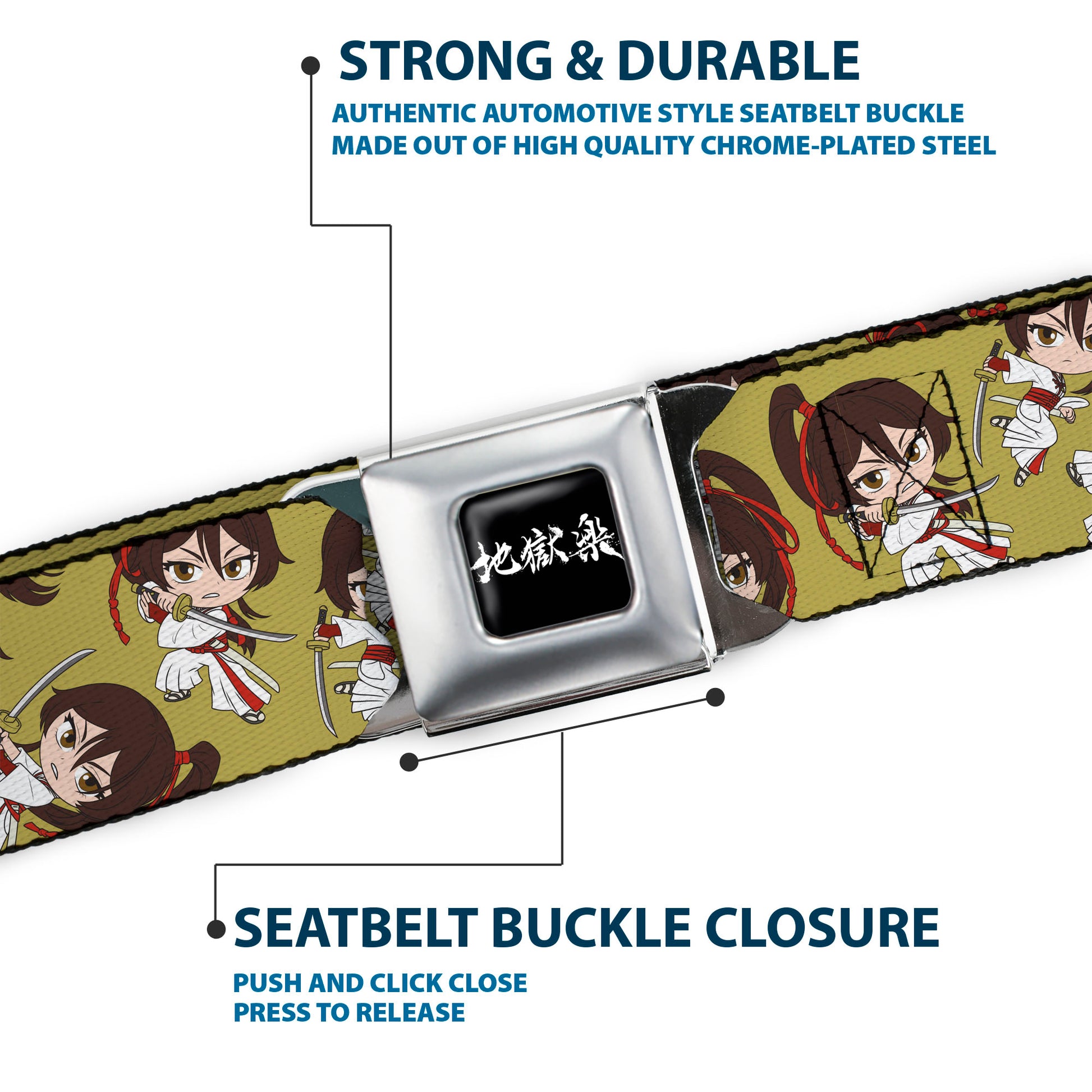 Hell's Paradise Kanji Title Logo Full Color Black/White Seatbelt Belt - Hell's Paradise Chibi Sagiri Sword Poses Scattered Golden Yellow Webbing Seatbelt Belts Hell's Paradise