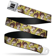 Hell's Paradise Kanji Title Logo Full Color Black/White Seatbelt Belt - Hell's Paradise Chibi Sagiri Sword Poses Scattered Golden Yellow Webbing Seatbelt Belts Hell's Paradise