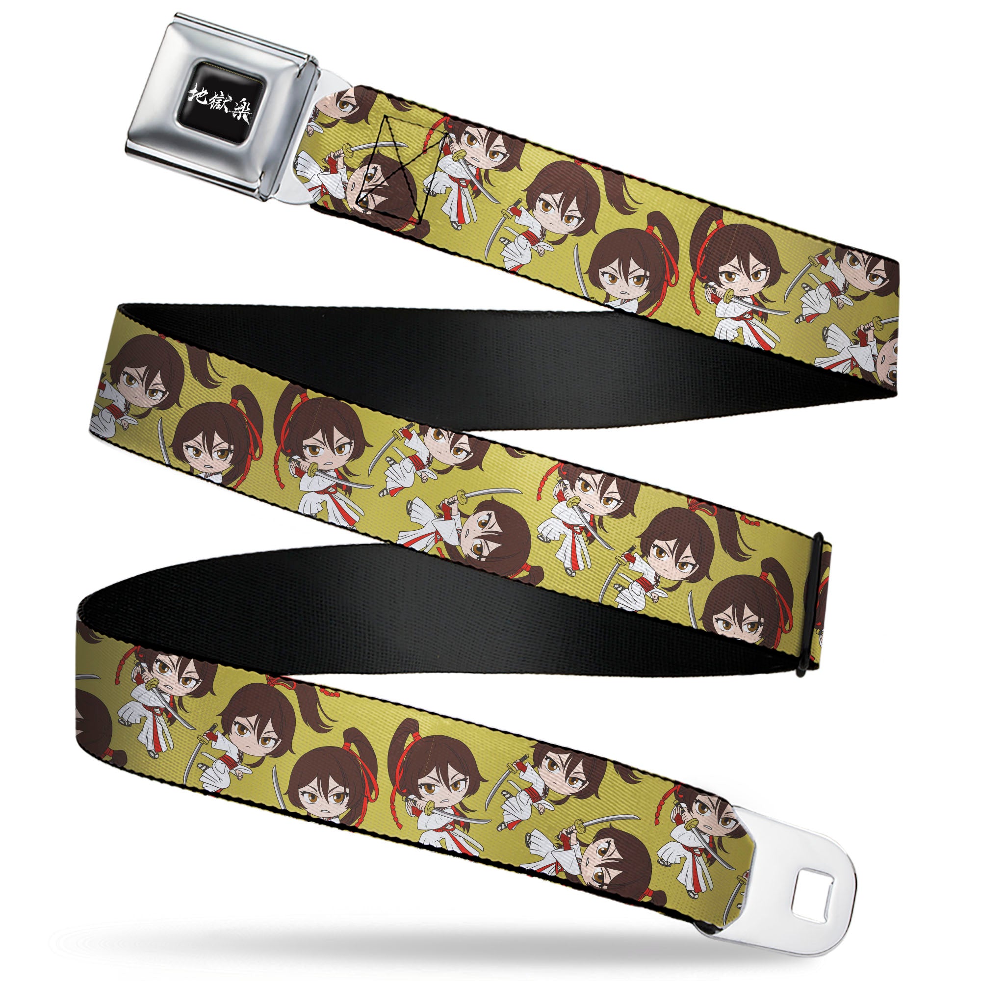 Hell's Paradise Kanji Title Logo Full Color Black/White Seatbelt Belt - Hell's Paradise Chibi Sagiri Sword Poses Scattered Golden Yellow Webbing Seatbelt Belts Hell's Paradise