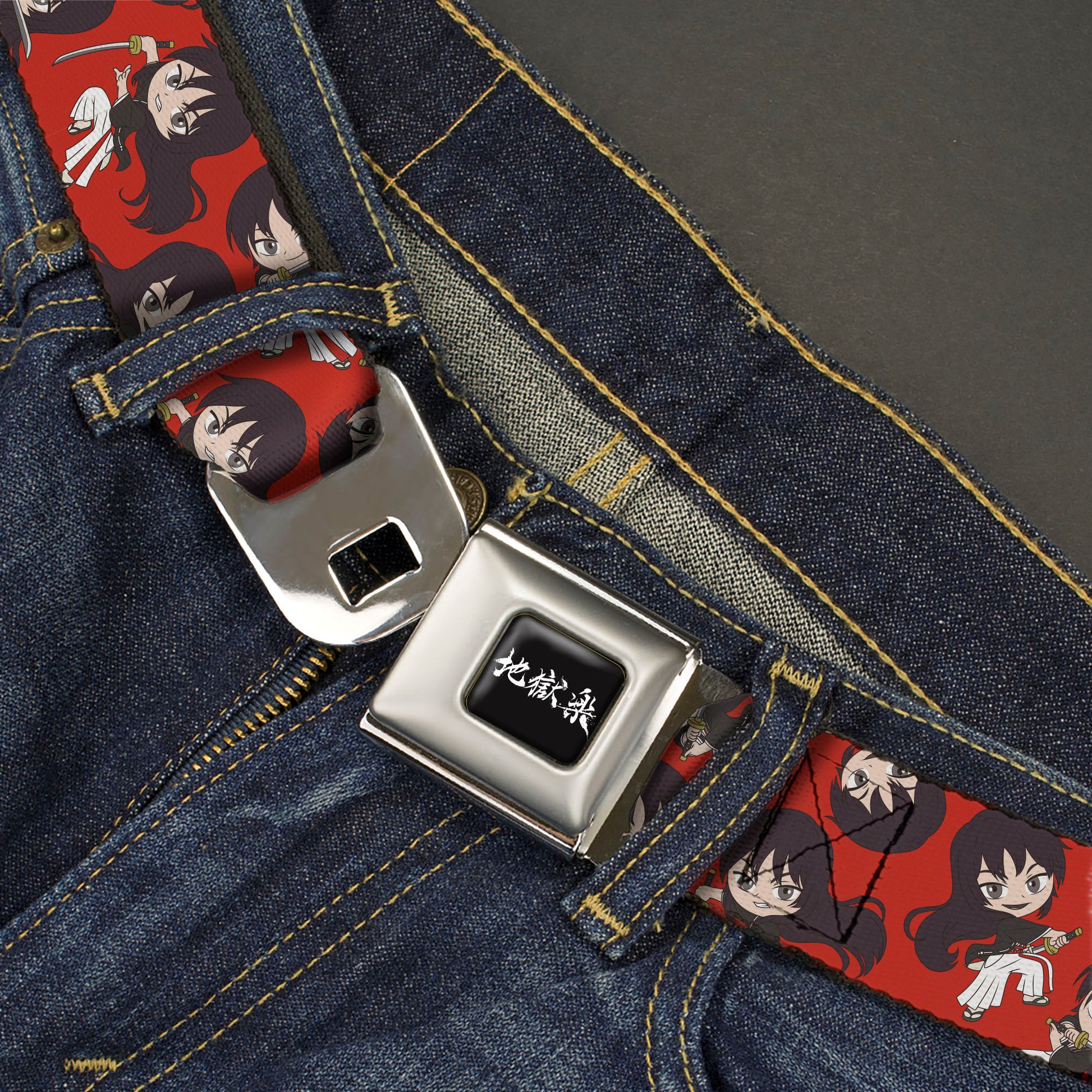 Hell's Paradise Kanji Title Logo Full Color Black/White Seatbelt Belt - Hell's Paradise Chibi Aza Toma Sword Poses Scattered Red Webbing Seatbelt Belts Hell's Paradise
