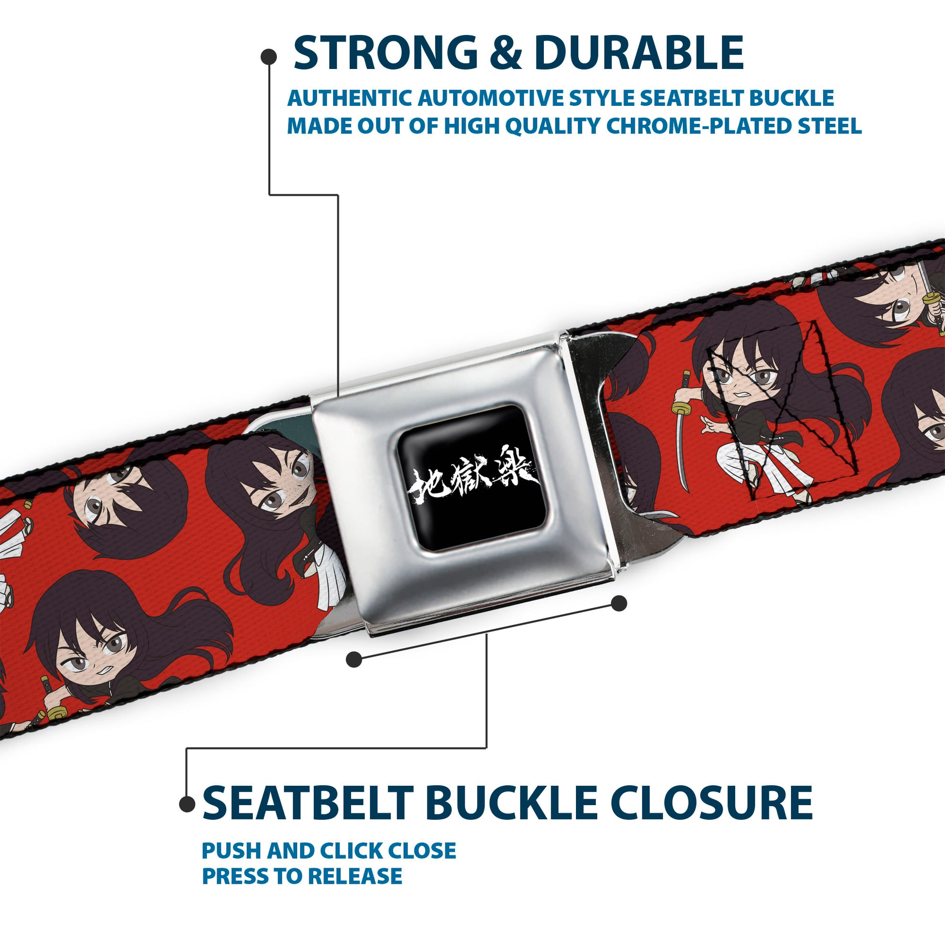 Hell's Paradise Kanji Title Logo Full Color Black/White Seatbelt Belt - Hell's Paradise Chibi Aza Toma Sword Poses Scattered Red Webbing Seatbelt Belts Hell's Paradise
