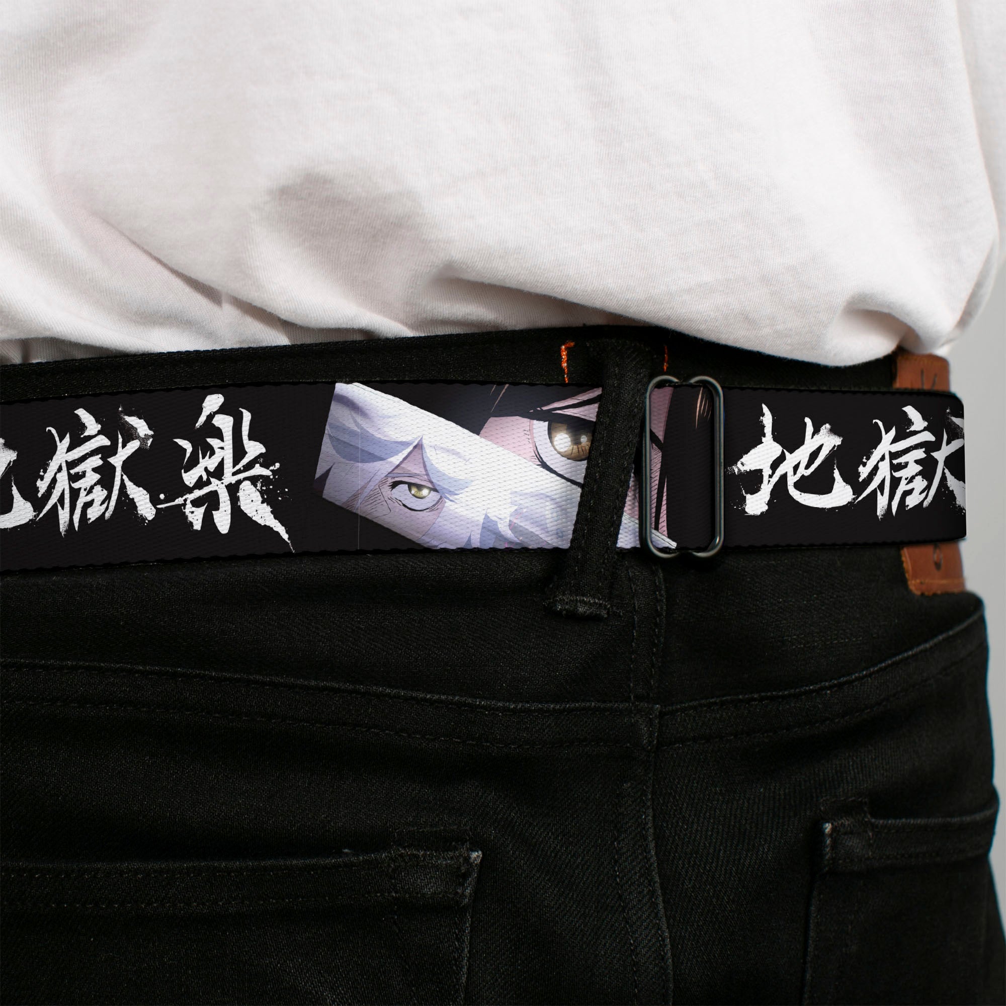Hell's Paradise Kanji Title Logo Full Color Black/White Seatbelt Belt - Hell's Paradise Gabimaru and Sagiri Eyes and Title Logo Black/White Webbing Seatbelt Belts Hell's Paradise