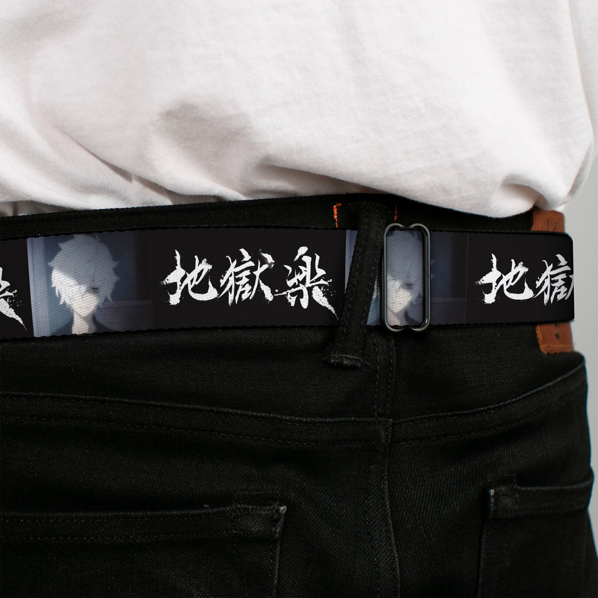 Hell's Paradise Kanji Title Logo Full Color Black/White Seatbelt Belt - Hell's Paradise Kanji Title Logo and Gabimaru Face Black/White Webbing Seatbelt Belts Hell's Paradise