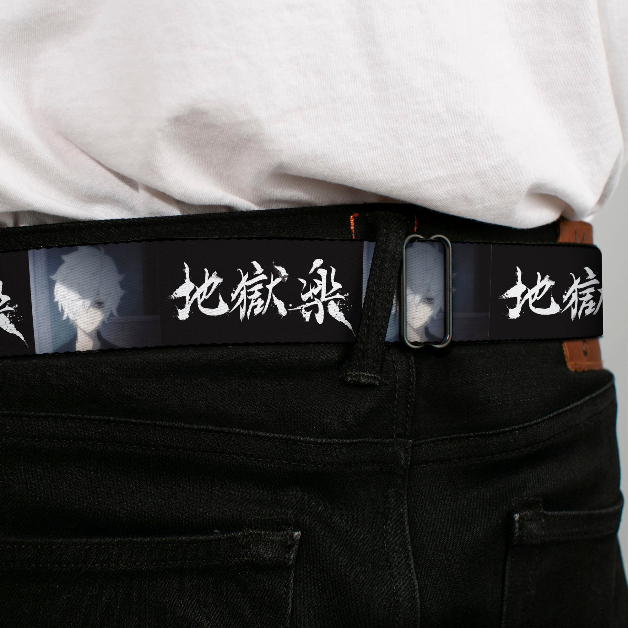 Hell's Paradise Kanji Title Logo Full Color Black/White Seatbelt Belt - Hell's Paradise Kanji Title Logo and Gabimaru Face Black/White Webbing Seatbelt Belts Hell's Paradise