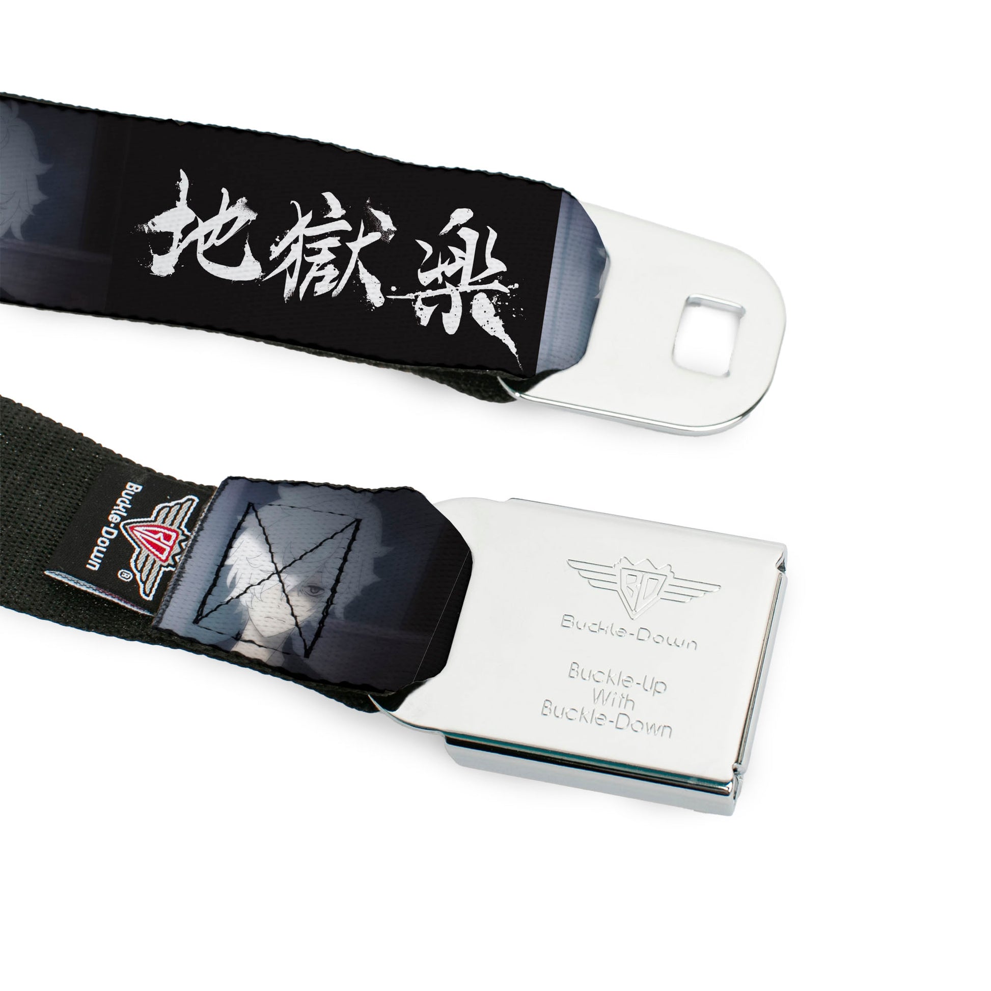 Hell's Paradise Kanji Title Logo Full Color Black/White Seatbelt Belt - Hell's Paradise Kanji Title Logo and Gabimaru Face Black/White Webbing Seatbelt Belts Hell's Paradise