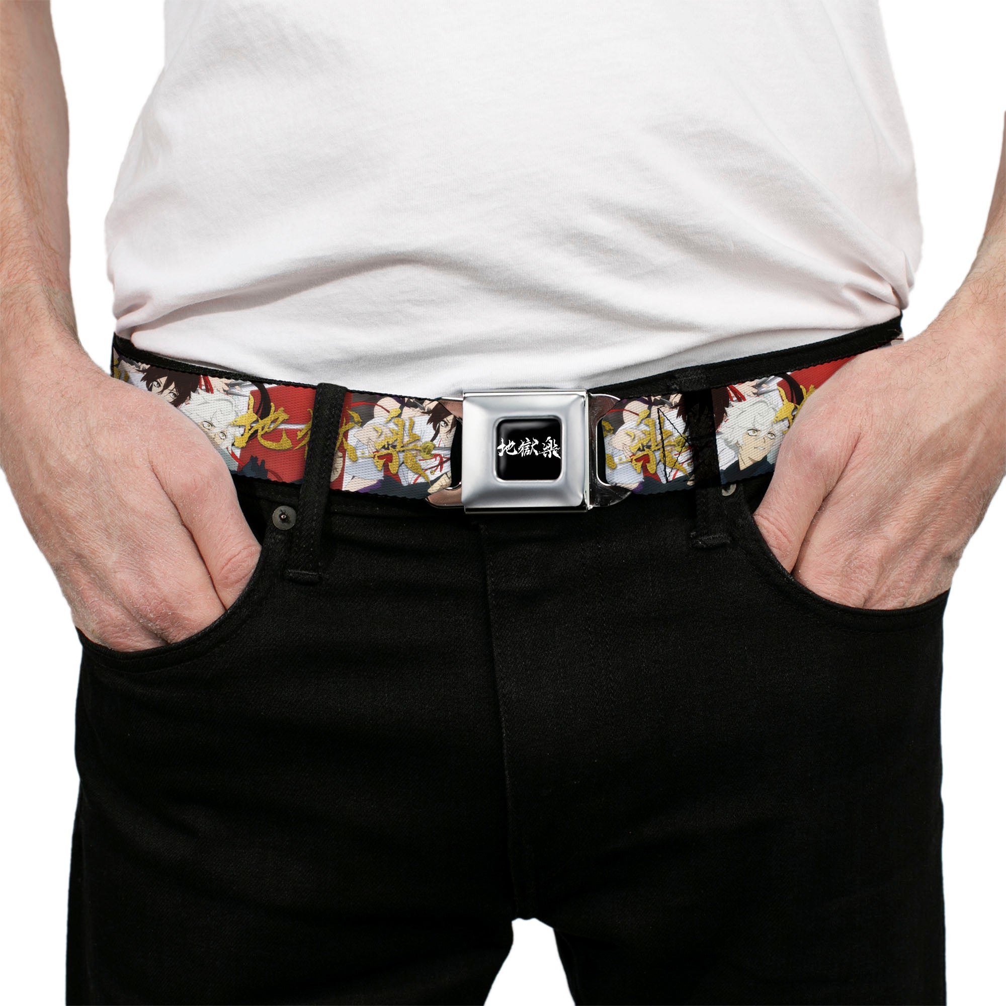 Hell's Paradise Kanji Title Logo Full Color Black/White Seatbelt Belt - Hell's Paradise Gabimaru and Sagiri Title Pose and Logo Red Webbing Seatbelt Belts Crunchyroll