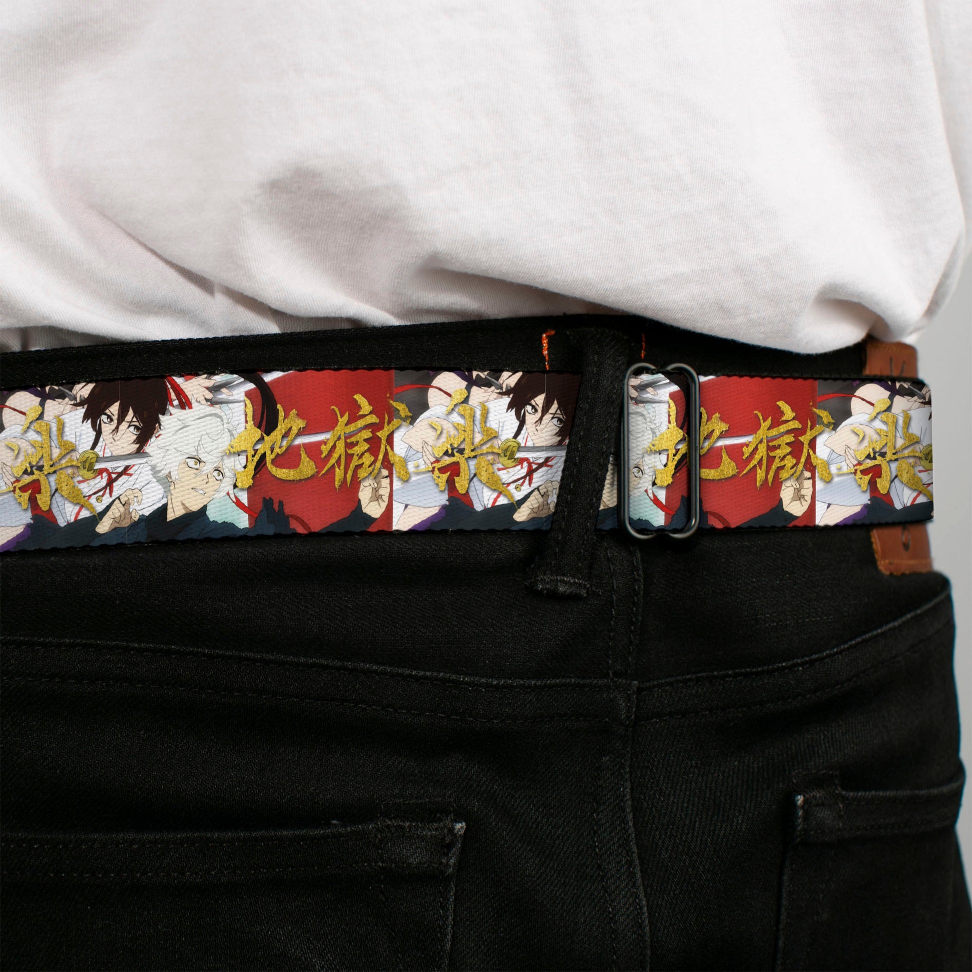 Hell's Paradise Kanji Title Logo Full Color Black/White Seatbelt Belt - Hell's Paradise Gabimaru and Sagiri Title Pose and Logo Red Webbing Seatbelt Belts Crunchyroll