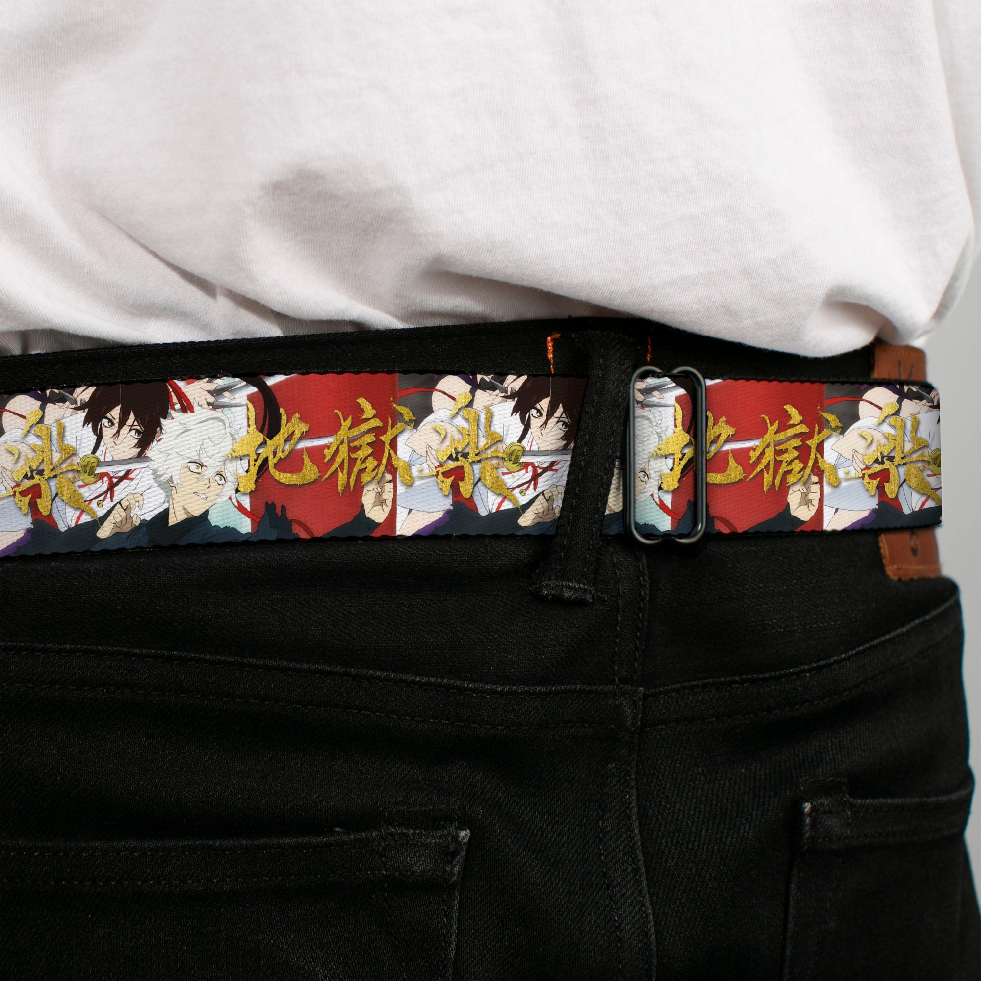 Hell's Paradise Kanji Title Logo Full Color Black/White Seatbelt Belt - Hell's Paradise Gabimaru and Sagiri Title Pose and Logo Red Webbing Seatbelt Belts Crunchyroll