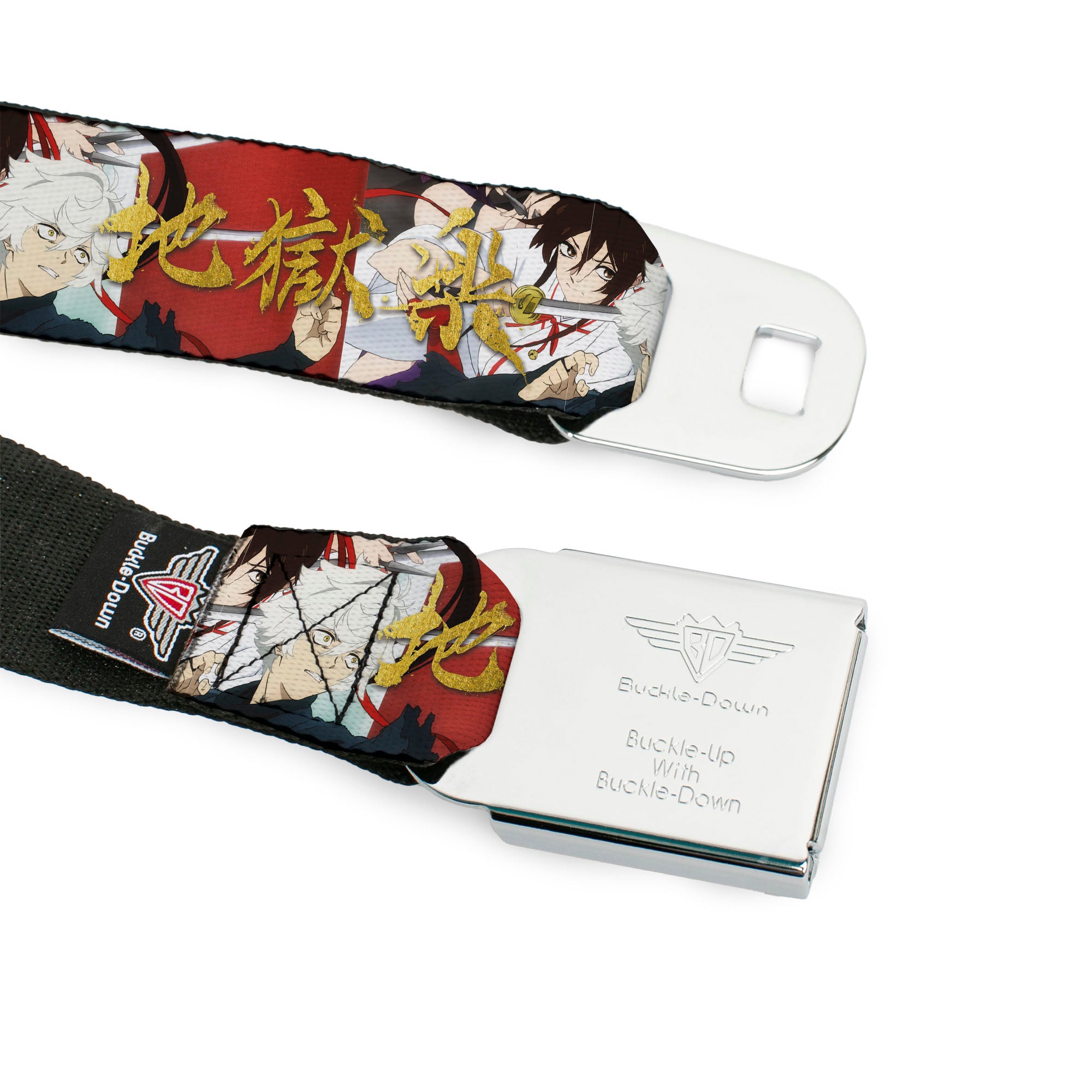 Hell's Paradise Kanji Title Logo Full Color Black/White Seatbelt Belt - Hell's Paradise Gabimaru and Sagiri Title Pose and Logo Red Webbing Seatbelt Belts Crunchyroll