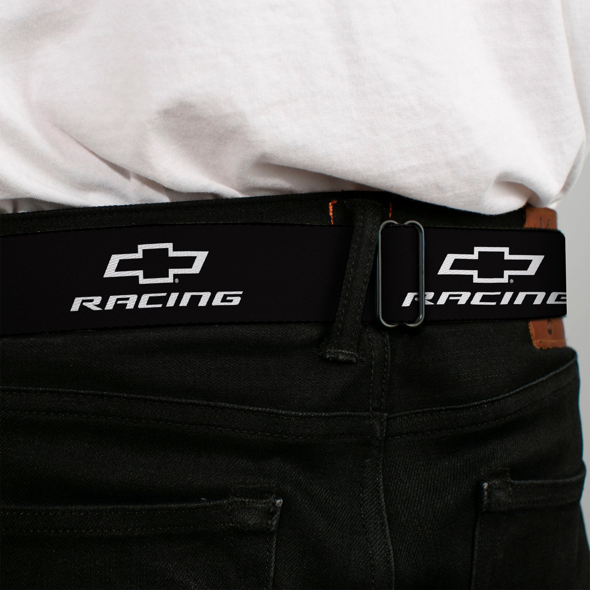 Chevy Bowtie RACING Logo Full Color Black/White Seatbelt Belt - Chevy Bowtie RACING Logo Black/White Webbing Seatbelt Belts GM General Motors