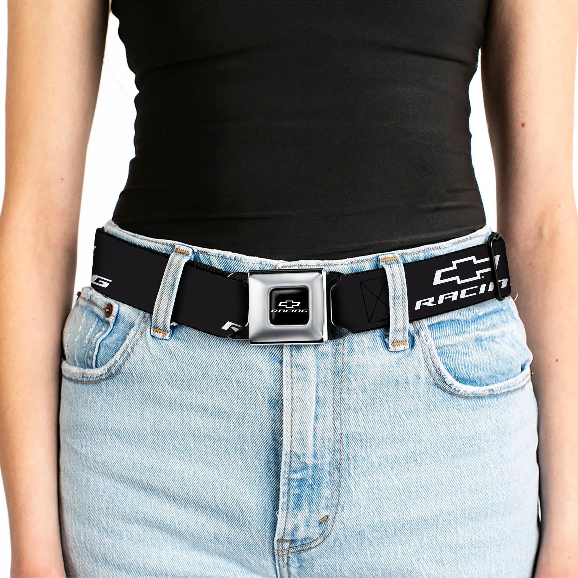 Chevy Bowtie RACING Logo Full Color Black/White Seatbelt Belt - Chevy Bowtie RACING Logo Black/White Webbing Seatbelt Belts GM General Motors