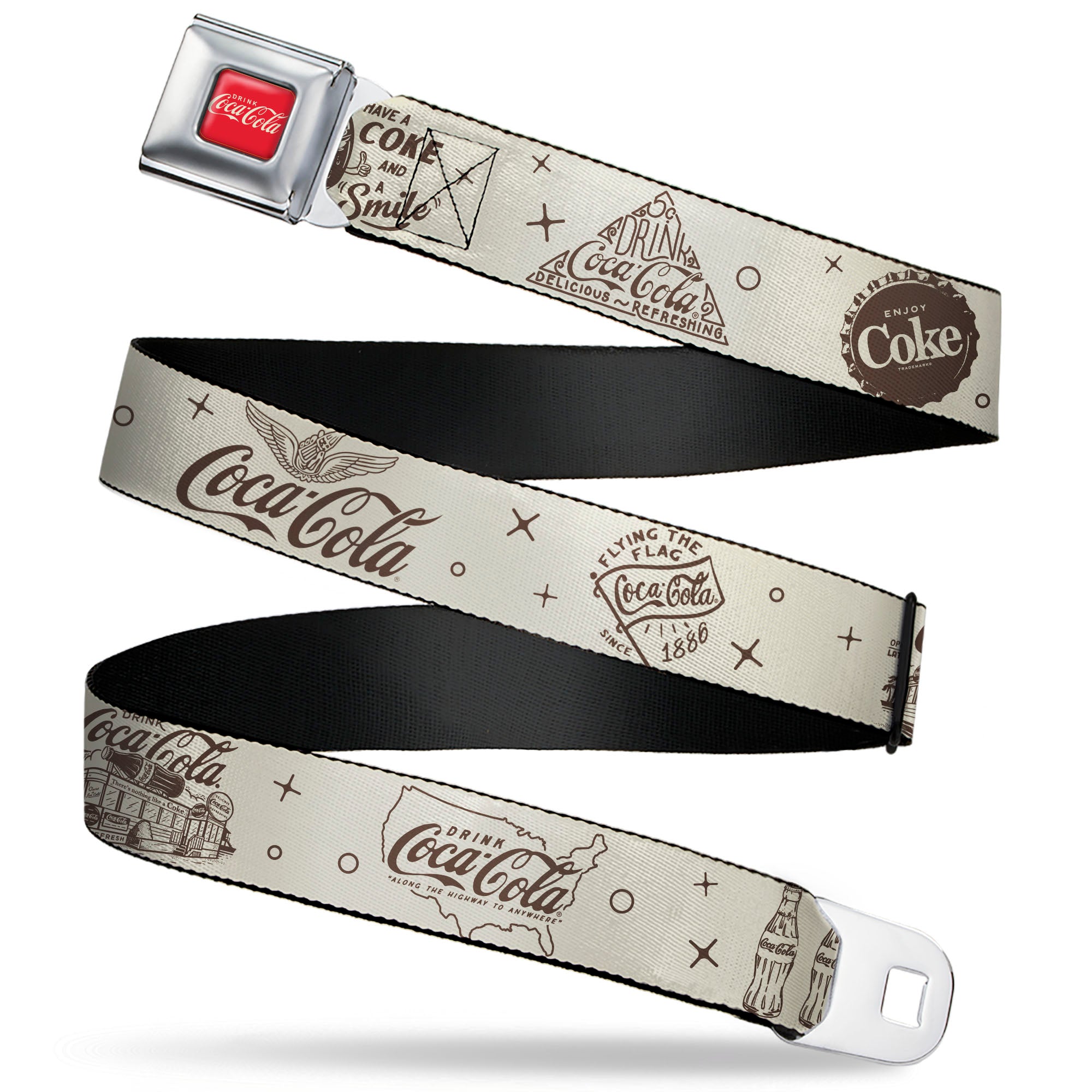 DRINK COCA-COLA Logo Full Color Red/White Seatbelt Belt - Vintage Coca-Cola Coke Icons and Ad Logos White/Brown Webbing Seatbelt Belts Coca-Cola