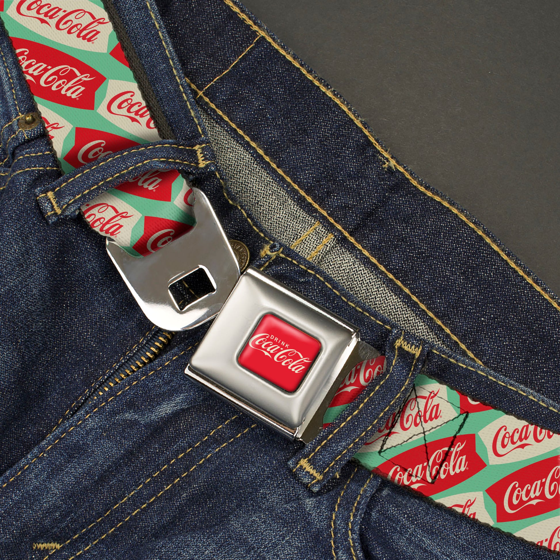 DRINK COCA-COLA Logo Full Color Red/White Seatbelt Belt - Coca-Cola Script Marquee Logo Green/Red/White Webbing Seatbelt Belts Coca-Cola