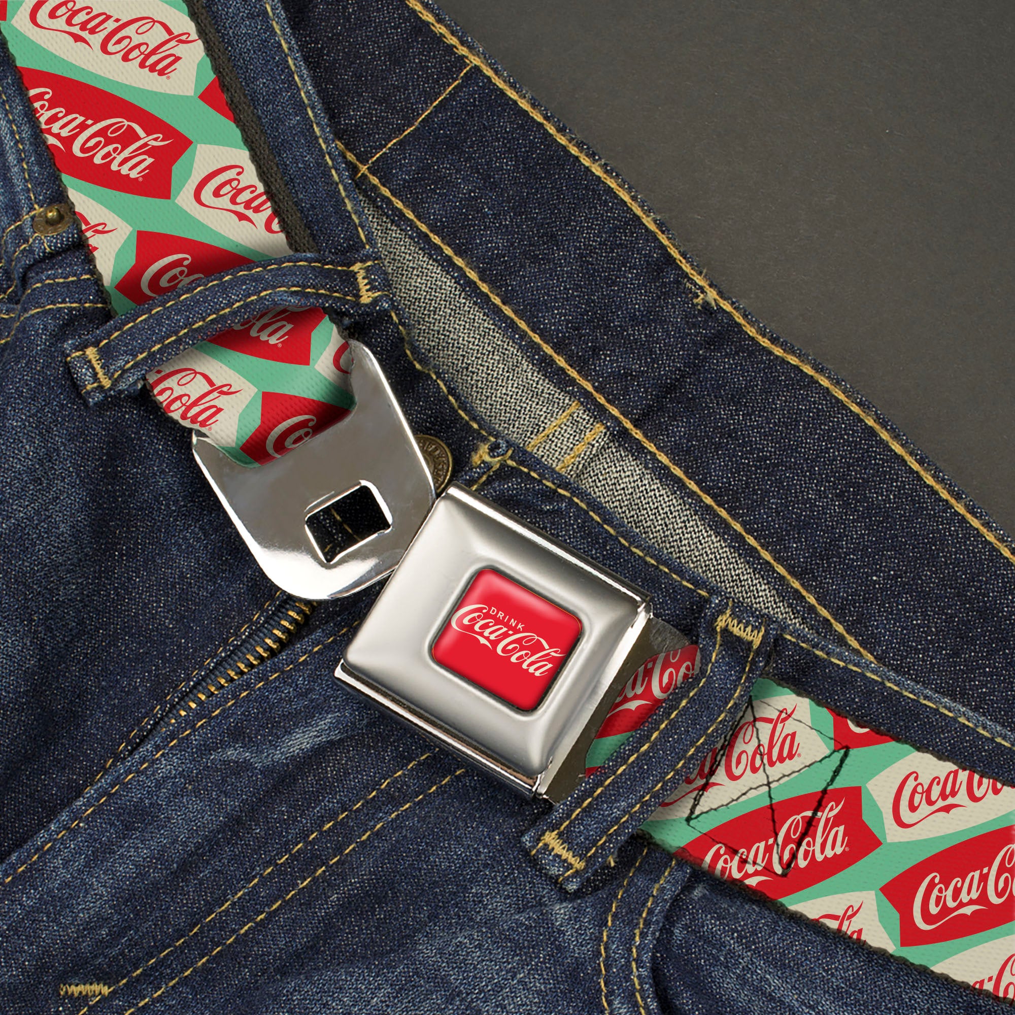 DRINK COCA-COLA Logo Full Color Red/White Seatbelt Belt - Coca-Cola Script Marquee Logo Green/Red/White Webbing Seatbelt Belts Coca-Cola