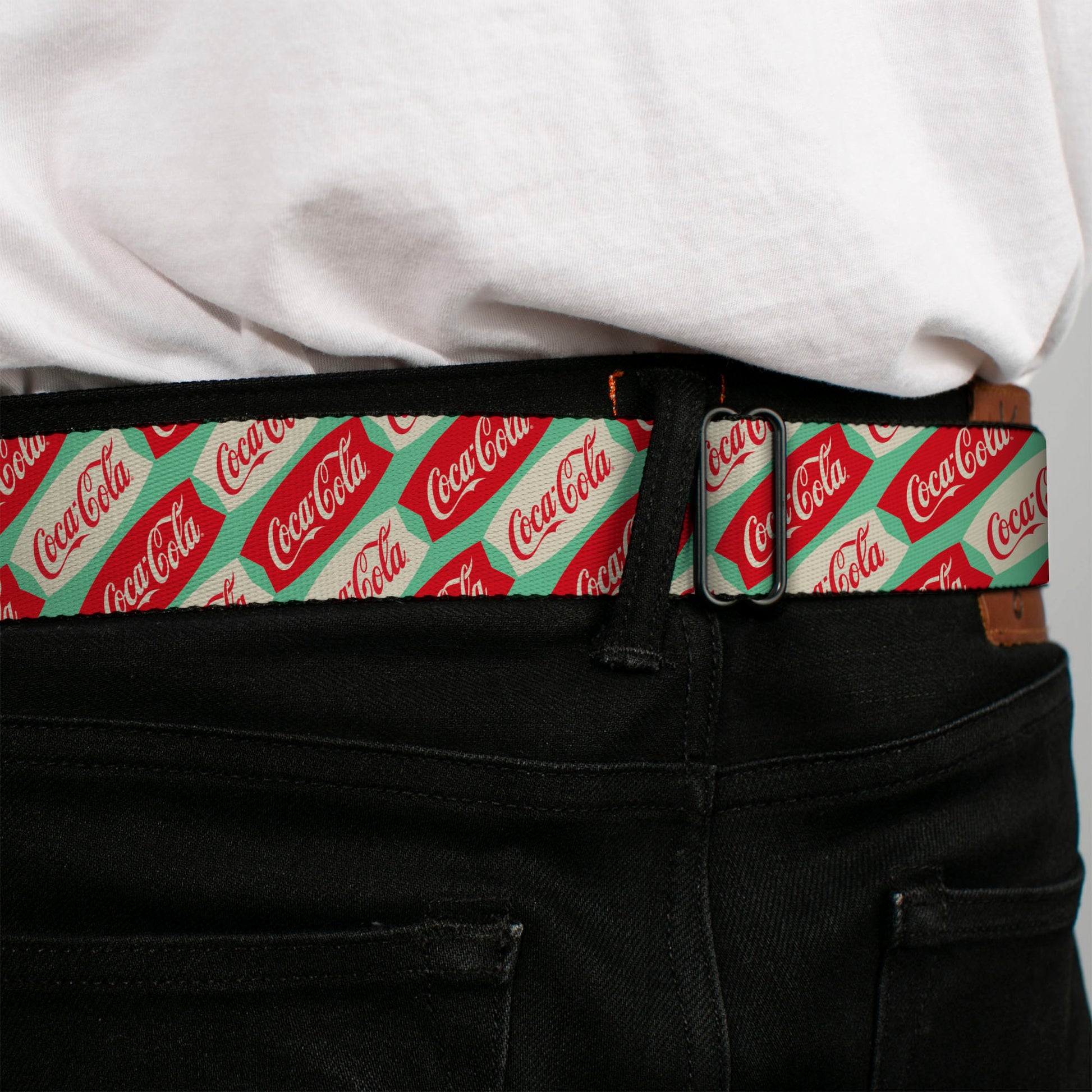 DRINK COCA-COLA Logo Full Color Red/White Seatbelt Belt - Coca-Cola Script Marquee Logo Green/Red/White Webbing Seatbelt Belts Coca-Cola