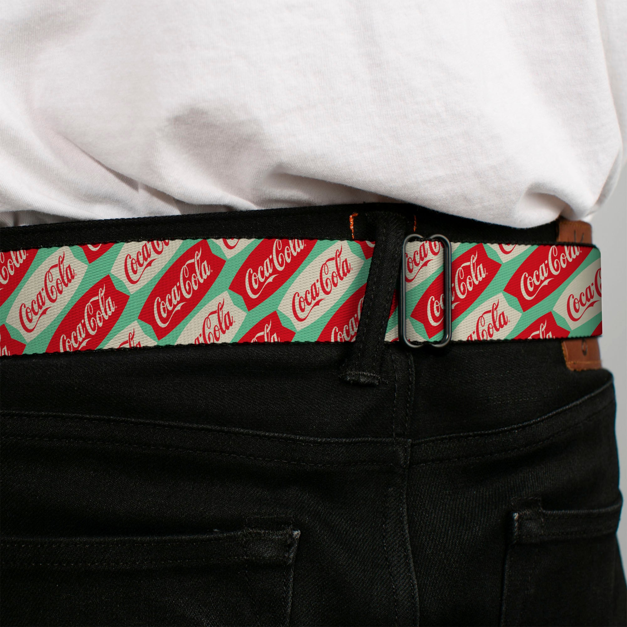 DRINK COCA-COLA Logo Full Color Red/White Seatbelt Belt - Coca-Cola Script Marquee Logo Green/Red/White Webbing Seatbelt Belts Coca-Cola