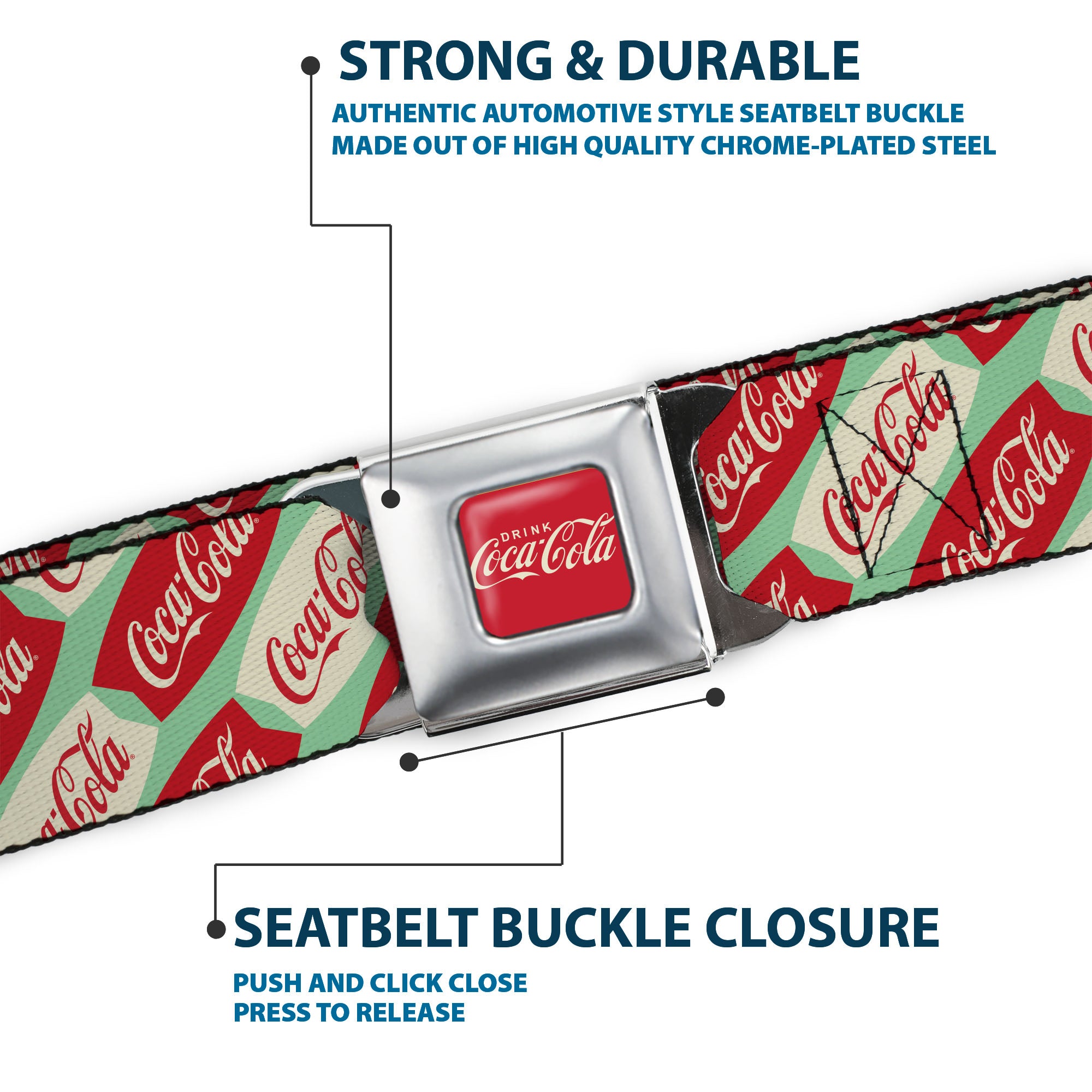 DRINK COCA-COLA Logo Full Color Red/White Seatbelt Belt - Coca-Cola Script Marquee Logo Green/Red/White Webbing Seatbelt Belts Coca-Cola