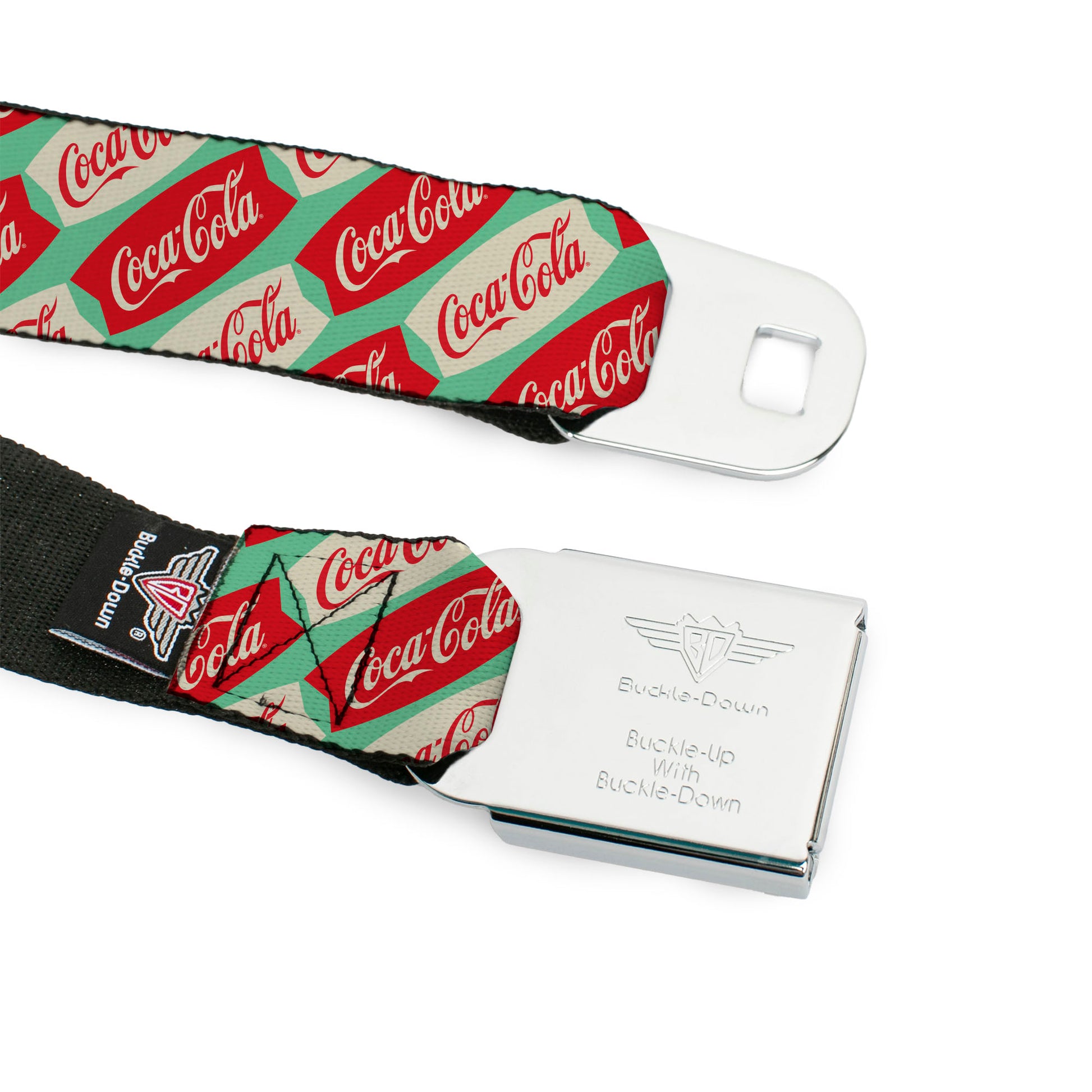 DRINK COCA-COLA Logo Full Color Red/White Seatbelt Belt - Coca-Cola Script Marquee Logo Green/Red/White Webbing Seatbelt Belts Coca-Cola