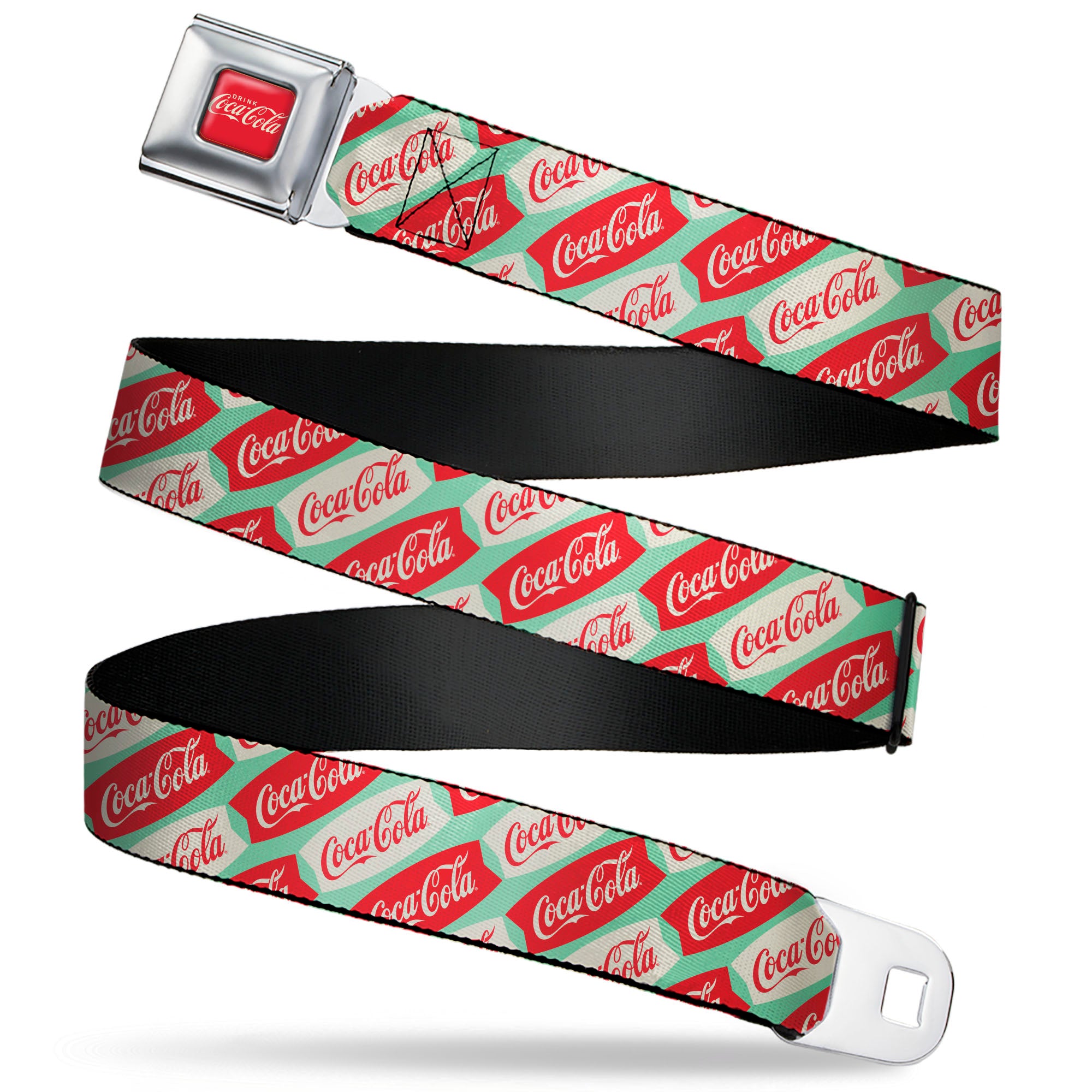 DRINK COCA-COLA Logo Full Color Red/White Seatbelt Belt - Coca-Cola Script Marquee Logo Green/Red/White Webbing Seatbelt Belts Coca-Cola