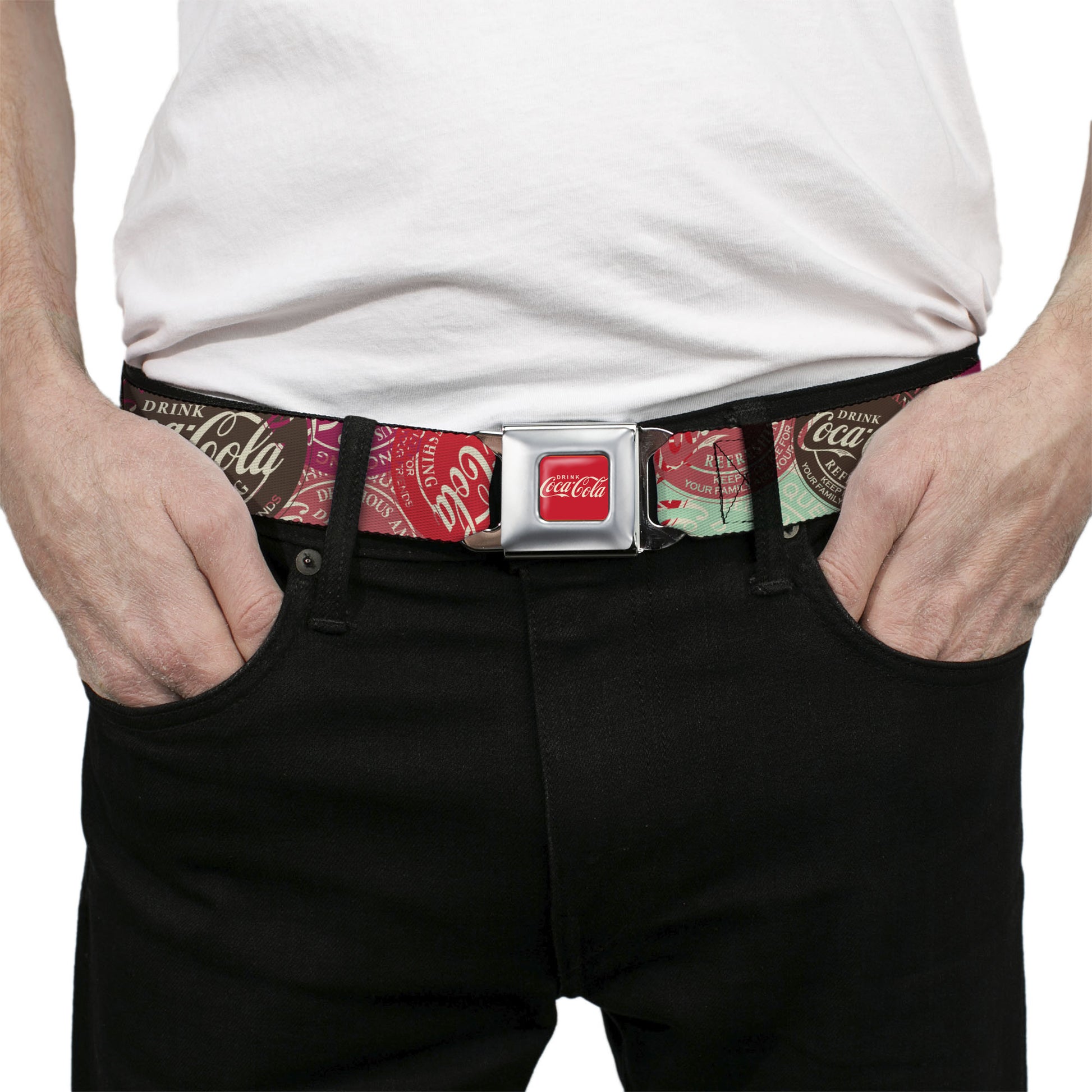 DRINK COCA-COLA Logo Full Color Red/White Seatbelt Belt - DRINK COCA-COLA Coke Patches Stacked Reds/Multi Color Webbing Seatbelt Belts Coca-Cola