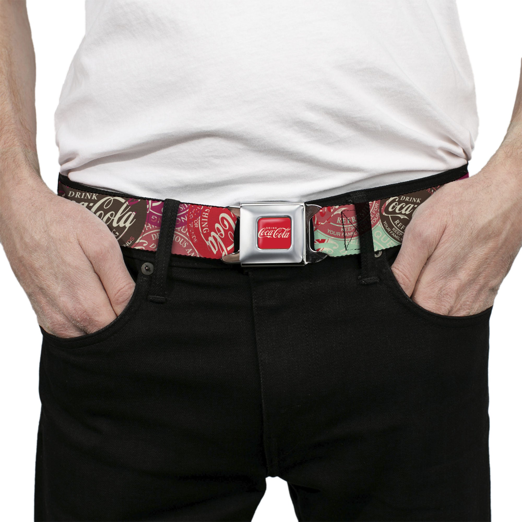 DRINK COCA-COLA Logo Full Color Red/White Seatbelt Belt - DRINK COCA-COLA Coke Patches Stacked Reds/Multi Color Webbing Seatbelt Belts Coca-Cola