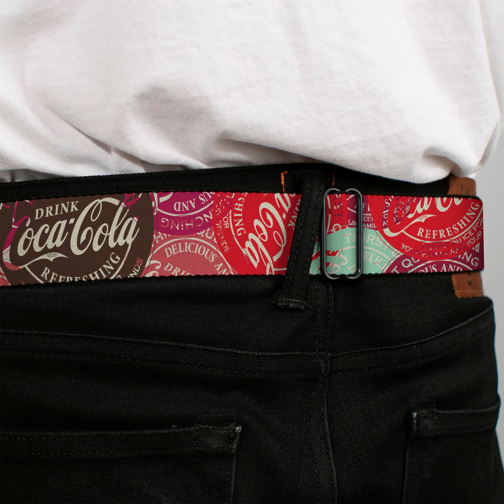 DRINK COCA-COLA Logo Full Color Red/White Seatbelt Belt - DRINK COCA-COLA Coke Patches Stacked Reds/Multi Color Webbing Seatbelt Belts Coca-Cola