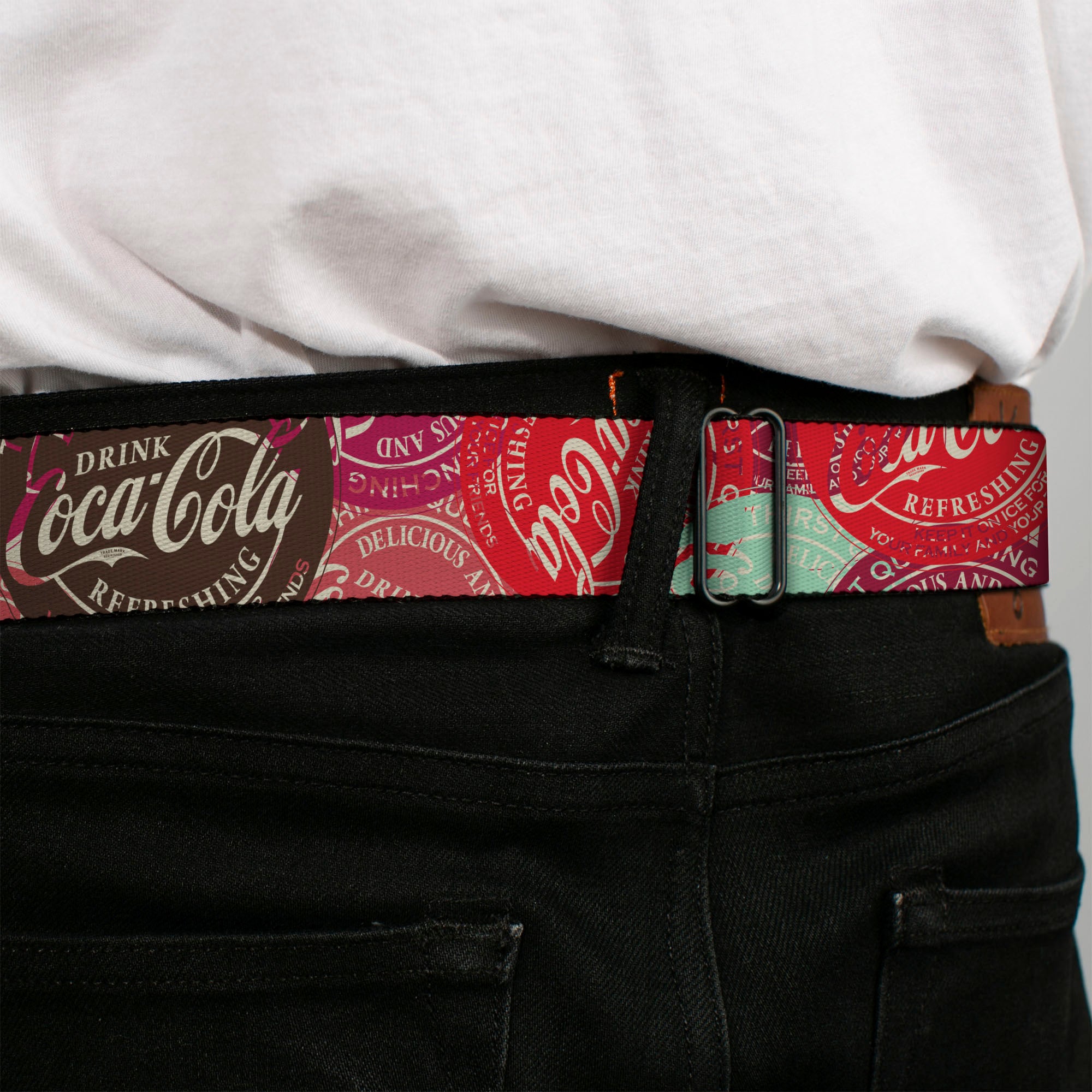 DRINK COCA-COLA Logo Full Color Red/White Seatbelt Belt - DRINK COCA-COLA Coke Patches Stacked Reds/Multi Color Webbing Seatbelt Belts Coca-Cola